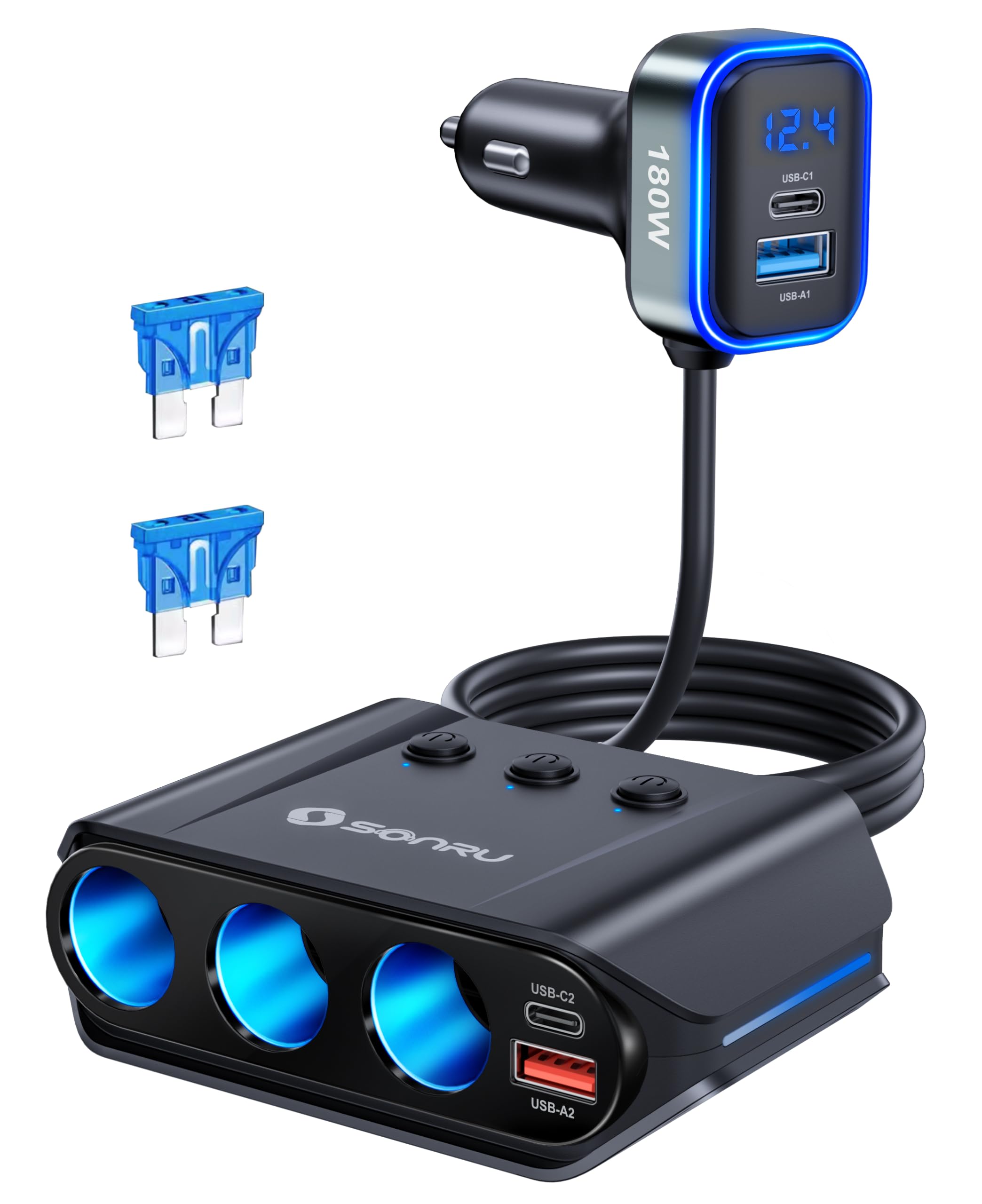 Sigarettenaanstekerverdeler 7 in 1, SONRU 180W autoladeradapter 12V/24V stekker 3-weg LED-voltmeter met aparte schakelaar, snellader 3 stopcontacten 4 USB-poorten