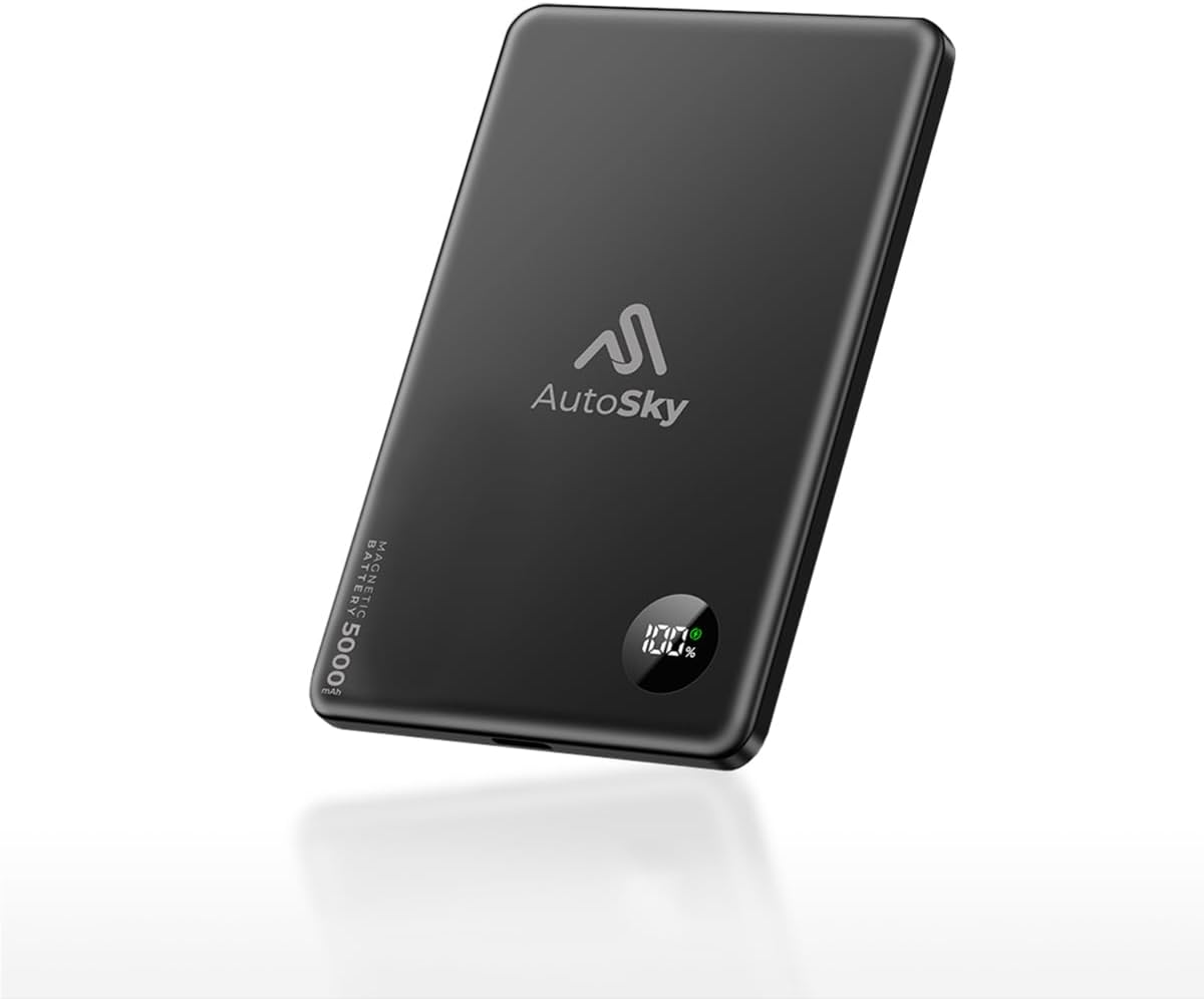 AutoSky Magnetische Powerbank 5000mAh | Draadloos &amp; USB-C | LED-scherm 