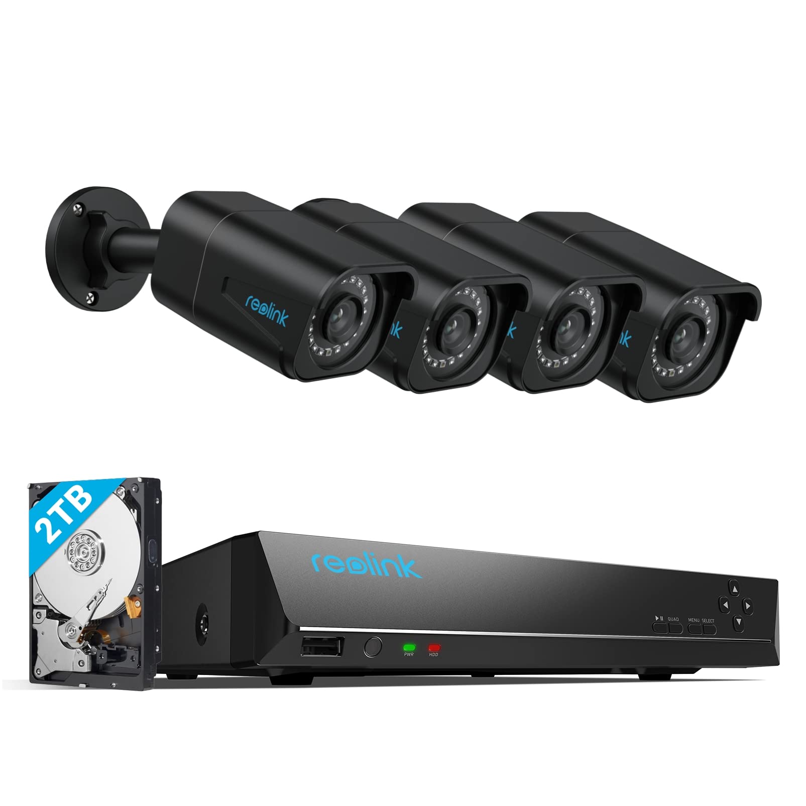 Reolink 4K Outdoor Beveiligingscamera Kit, 8CH Videobewaking met 4x 8MP PoE IP-camera's en 2TB HDD NVR voor 24/7 binnen-/buitenopname, persoons- en voertuigdetectie, IP66, RLK8-800B4 