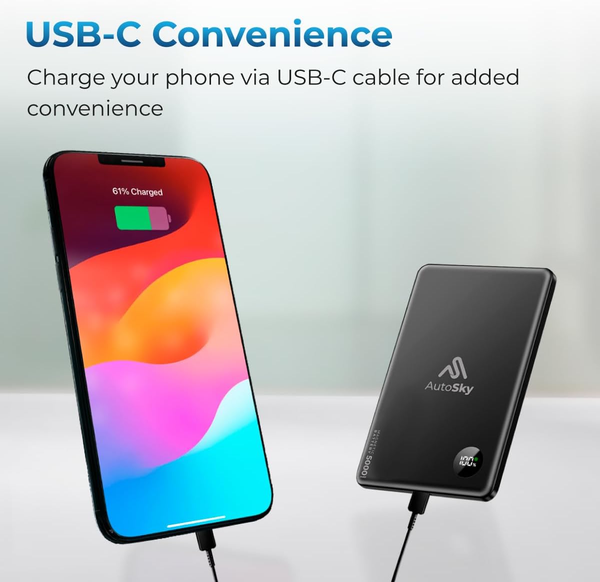 AutoSky Magnetische Powerbank 5000mAh | Draadloos &amp; USB-C | LED-scherm 