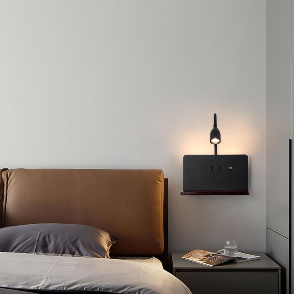 Witte LED-wandlamp voor binnen met stekker, wandlamp voor de slaapkamer met USB-poorten en 10W draadloze oplader, verstelbare en flexibele leeslamp met zwanenhals, bedlamp van 3000K met achtergrondverlichting 