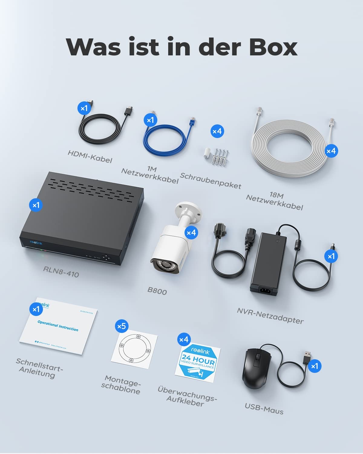 Reolink 4K Outdoor Beveiligingscamera Kit, 8CH Videobewaking met 4x 8MP PoE IP-camera's en 2TB HDD NVR voor 24/7 binnen-/buitenopname, persoons- en voertuigdetectie, IP66, RLK8-800B4 