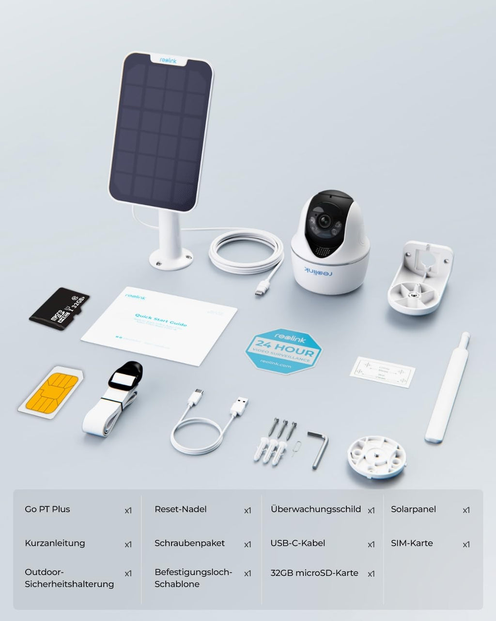 Reolink 3G/4G LTE beveiligingscamera met simkaart, 5MP 355°/140° PTZ zonnecamera voor buiten, kleuren nachtzicht, persoons-/huisdierdetectie, alarmfiltering, stand-alone, Go PT Plus + zonnepaneel + 32GB microSD 