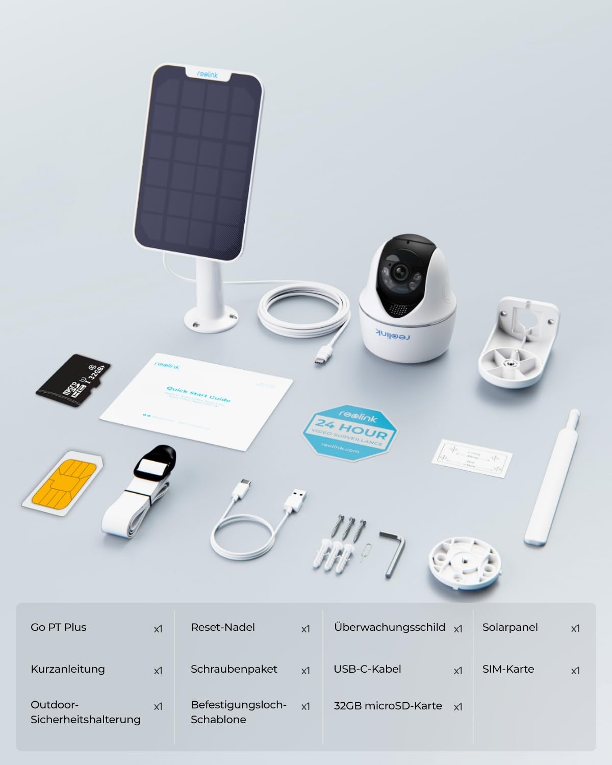 Reolink 3G/4G LTE beveiligingscamera met simkaart, 5MP 355°/140° PTZ zonnecamera voor buiten, kleuren nachtzicht, persoons-/huisdierdetectie, alarmfiltering, stand-alone, Go PT Plus + zonnepaneel + 32GB microSD 