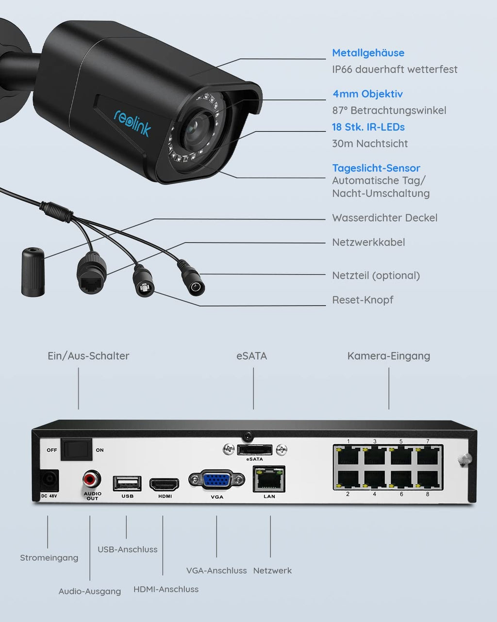 Reolink 4K Outdoor Beveiligingscamera Kit, 8CH Videobewaking met 4x 8MP PoE IP-camera's en 2TB HDD NVR voor 24/7 binnen-/buitenopname, persoons- en voertuigdetectie, IP66, RLK8-800B4 