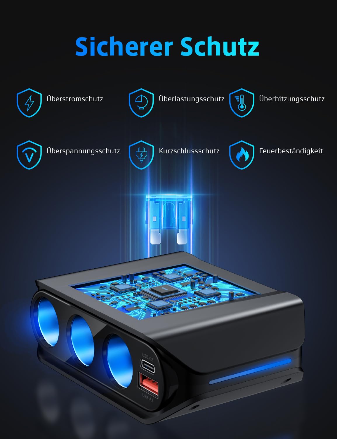 Sigarettenaanstekerverdeler 7 in 1, SONRU 180W autoladeradapter 12V/24V stekker 3-weg LED-voltmeter met aparte schakelaar, snellader 3 stopcontacten 4 USB-poorten 