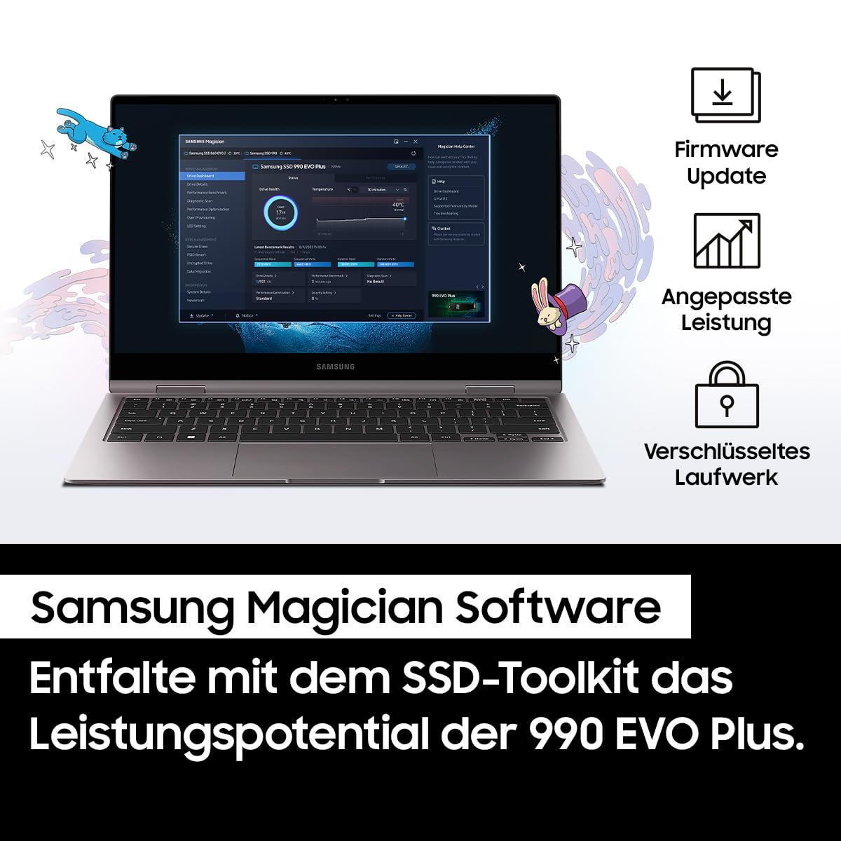 Samsung 990 EVO Plus NVMe M.2 SSD 1 TB, PCIe 4.0 x4 / PCIe 5.0 x2, NVMe 2.0 (2280), 7.150 MB/s lezen, 6.300 MB/s schrijven, interne SSD voor gamen en grafische bewerking, MZ-V9S1T0BW 