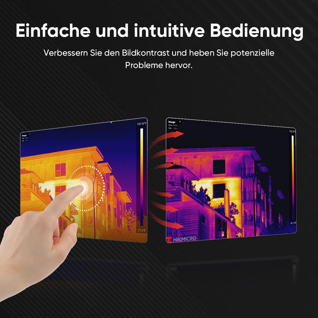 HIKMICRO E03 Compacte warmtebeeldcamera in zakformaat met 240 x 240 SuperIR-resolutie en visuele camera, 96 x 96 IR-resolutie/9.216 pixels, 25 Hz, 3,5" touchscreen warmtebeeldcamera, IP54, -20 °C tot 350 °C 