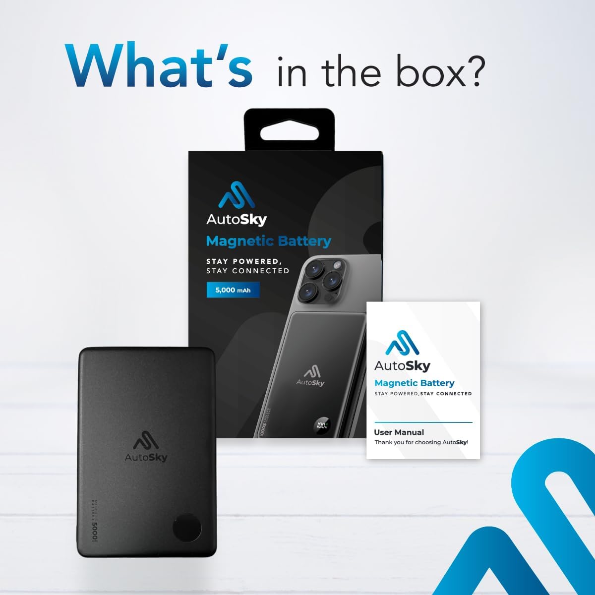 AutoSky Magnetische Powerbank 5000mAh | Draadloos &amp; USB-C | LED-scherm 
