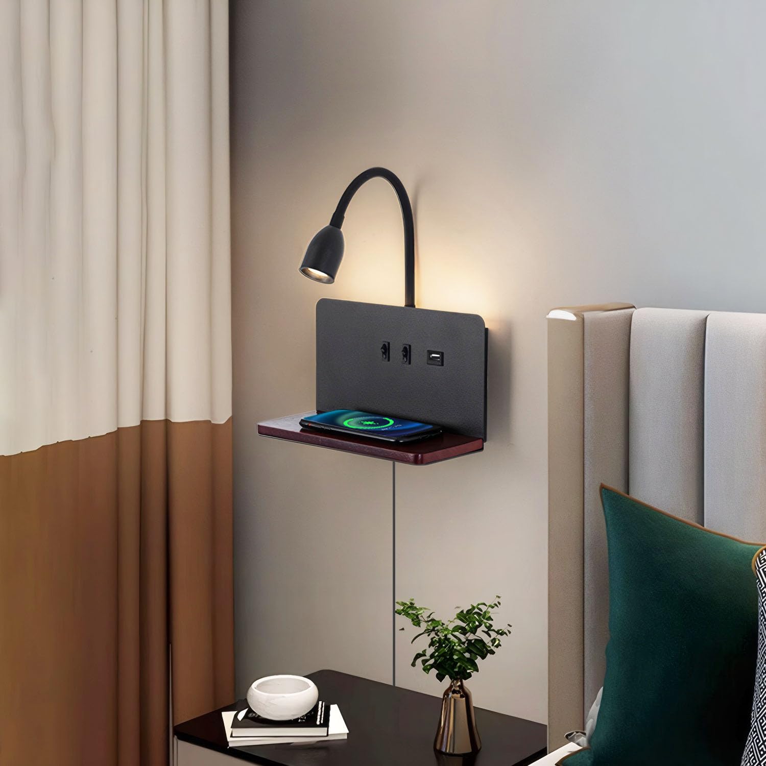 Witte LED-wandlamp voor binnen met stekker, wandlamp voor de slaapkamer met USB-poorten en 10W draadloze oplader, verstelbare en flexibele leeslamp met zwanenhals, bedlamp van 3000K met achtergrondverlichting 