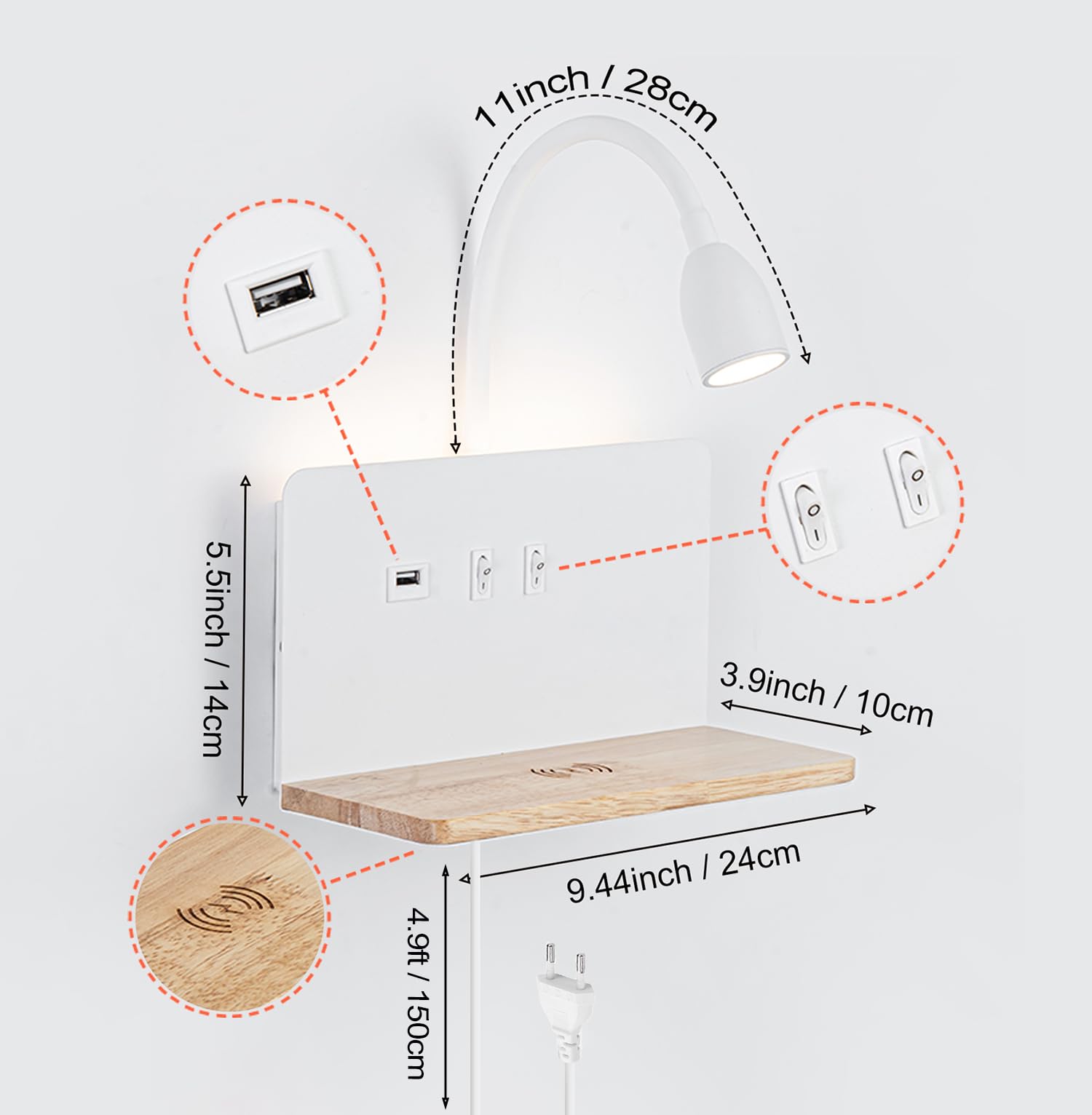 Witte LED-wandlamp voor binnen met stekker, wandlamp voor de slaapkamer met USB-poorten en 10W draadloze oplader, verstelbare en flexibele leeslamp met zwanenhals, bedlamp van 3000K met achtergrondverlichting 