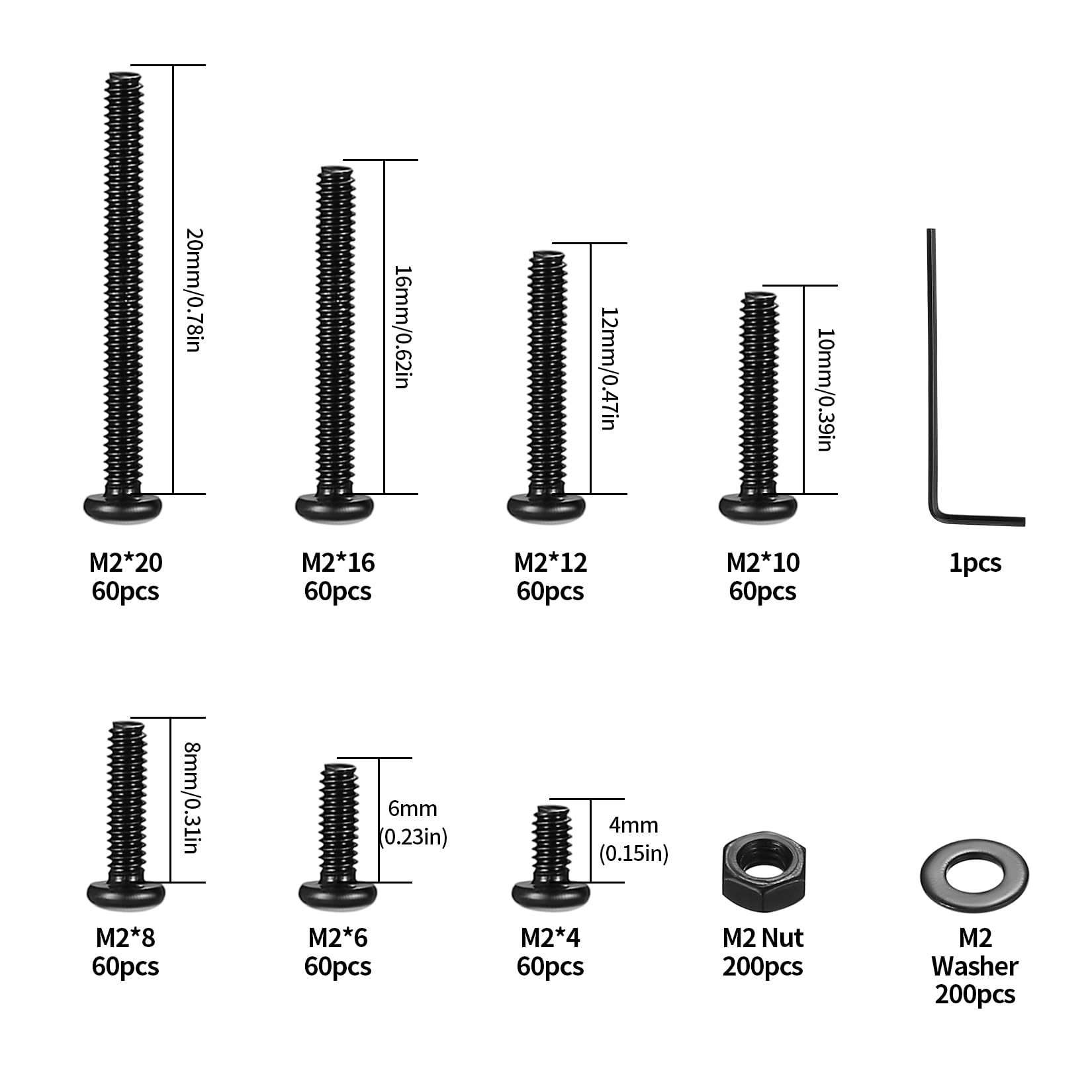 410 stuks M2 verzonken kop zeskantschroeven, 10.9 koolstofstaal volledige draad machineschroeven, moeren en ringen assortiment met inbussleutels 