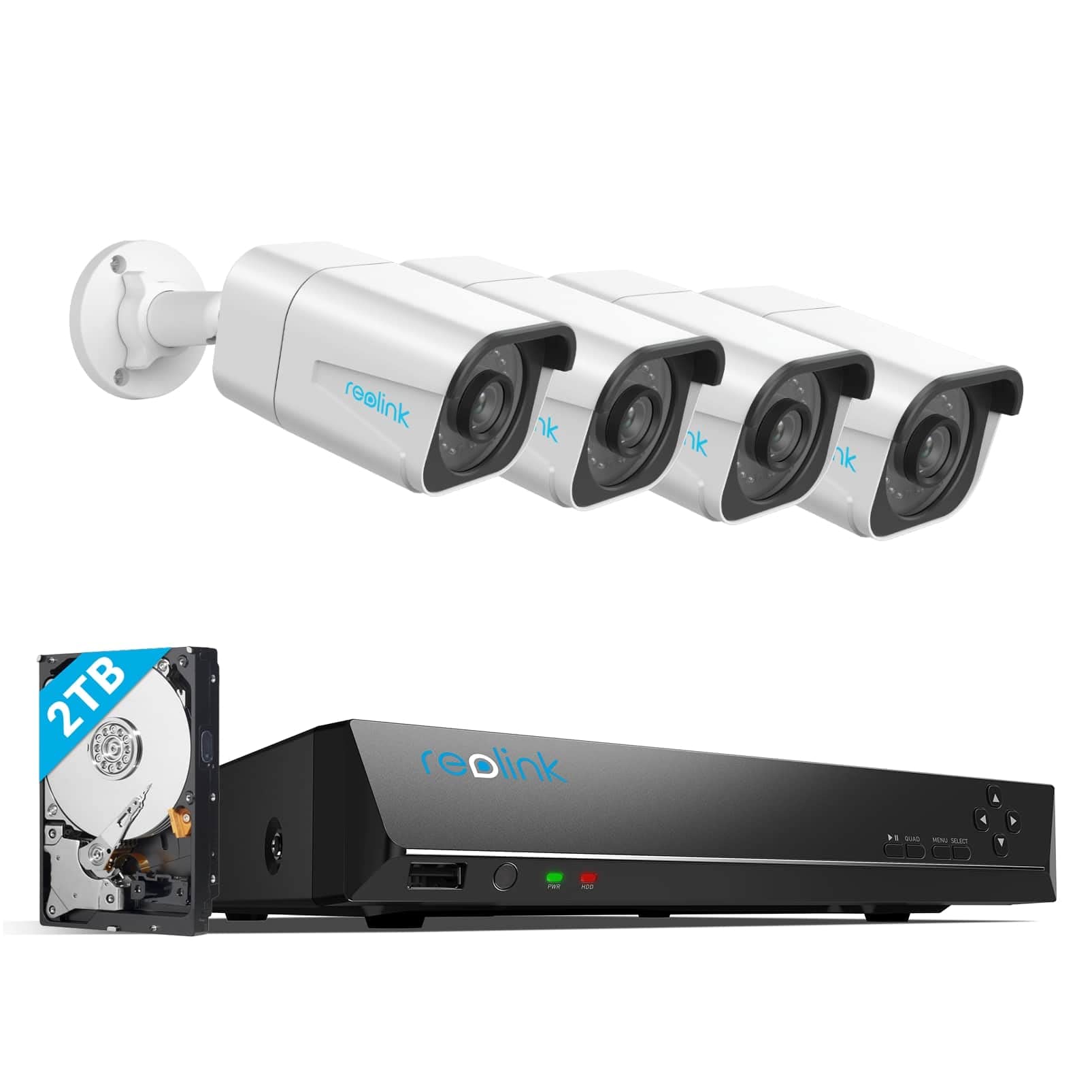 Reolink 4K Outdoor Beveiligingscamera Kit, 8CH Videobewaking met 4x 8MP PoE IP-camera's en 2TB HDD NVR voor 24/7 binnen-/buitenopname, persoons- en voertuigdetectie, IP66, RLK8-800B4 