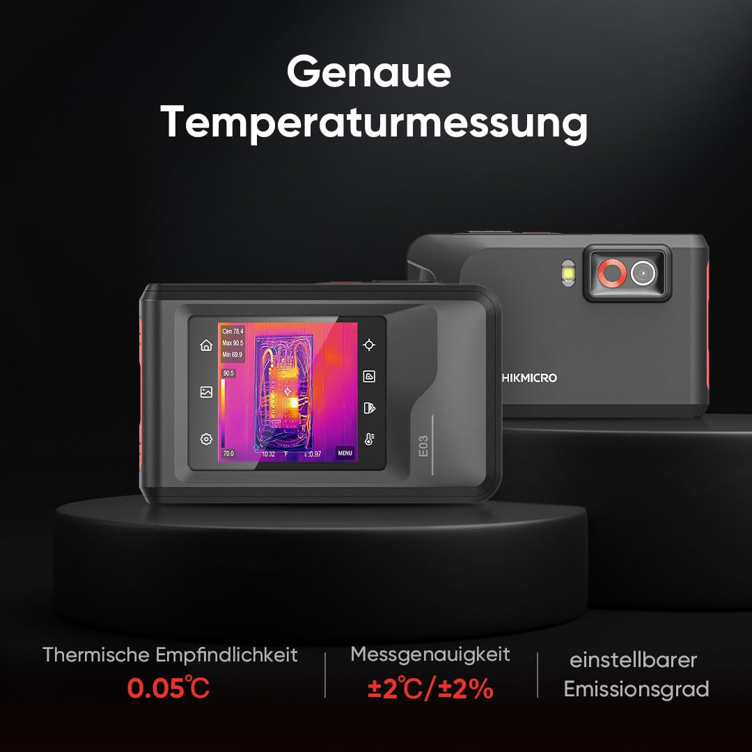 HIKMICRO E03 Compacte warmtebeeldcamera in zakformaat met 240 x 240 SuperIR-resolutie en visuele camera, 96 x 96 IR-resolutie/9.216 pixels, 25 Hz, 3,5" touchscreen warmtebeeldcamera, IP54, -20 °C tot 350 °C 