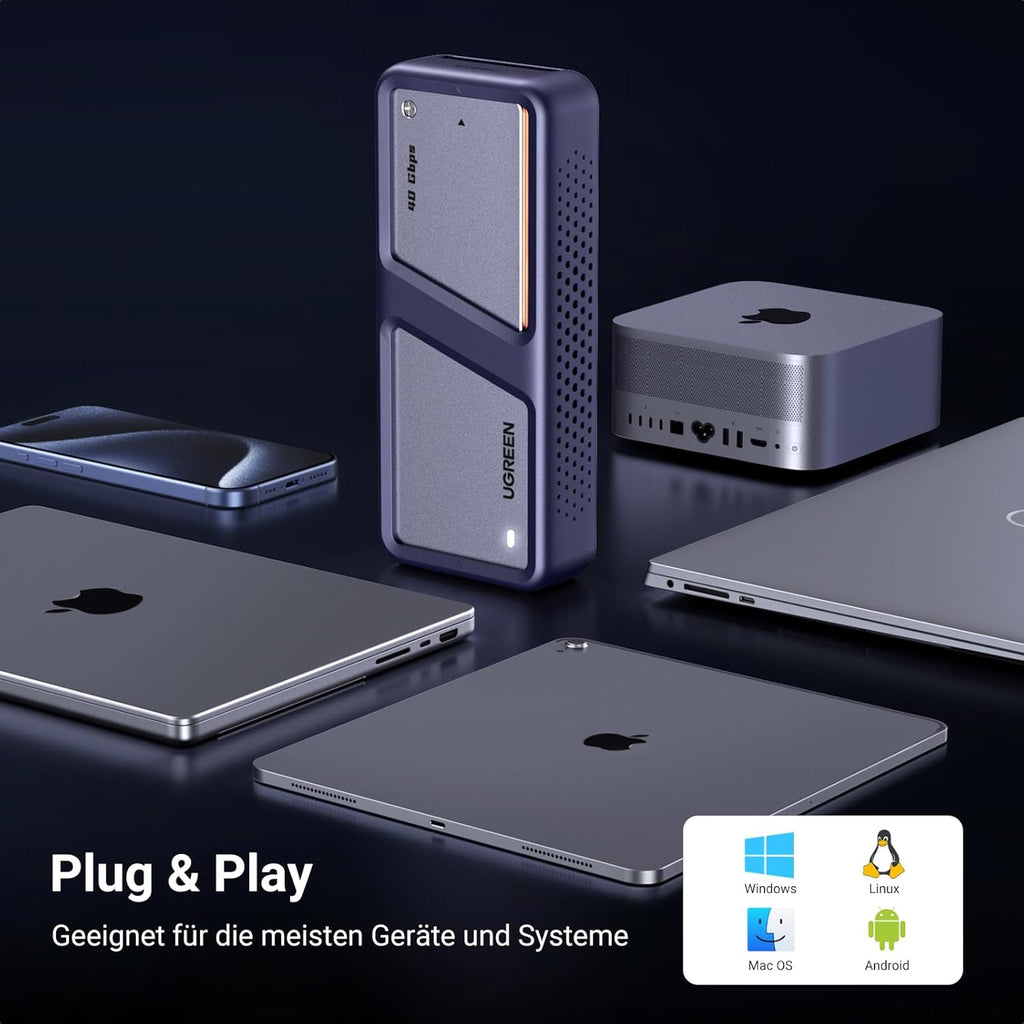 UGREEN USB 4 M2-behuizing, 40 Gbps NVMe-behuizing met krachtige koelprestaties, USB M2 SSD-adapter voor gegevensopslag, compatibel met MacBook Pro M4/M4 Pro en M4 Max, HP Celeron N4120, Mac mini M4 