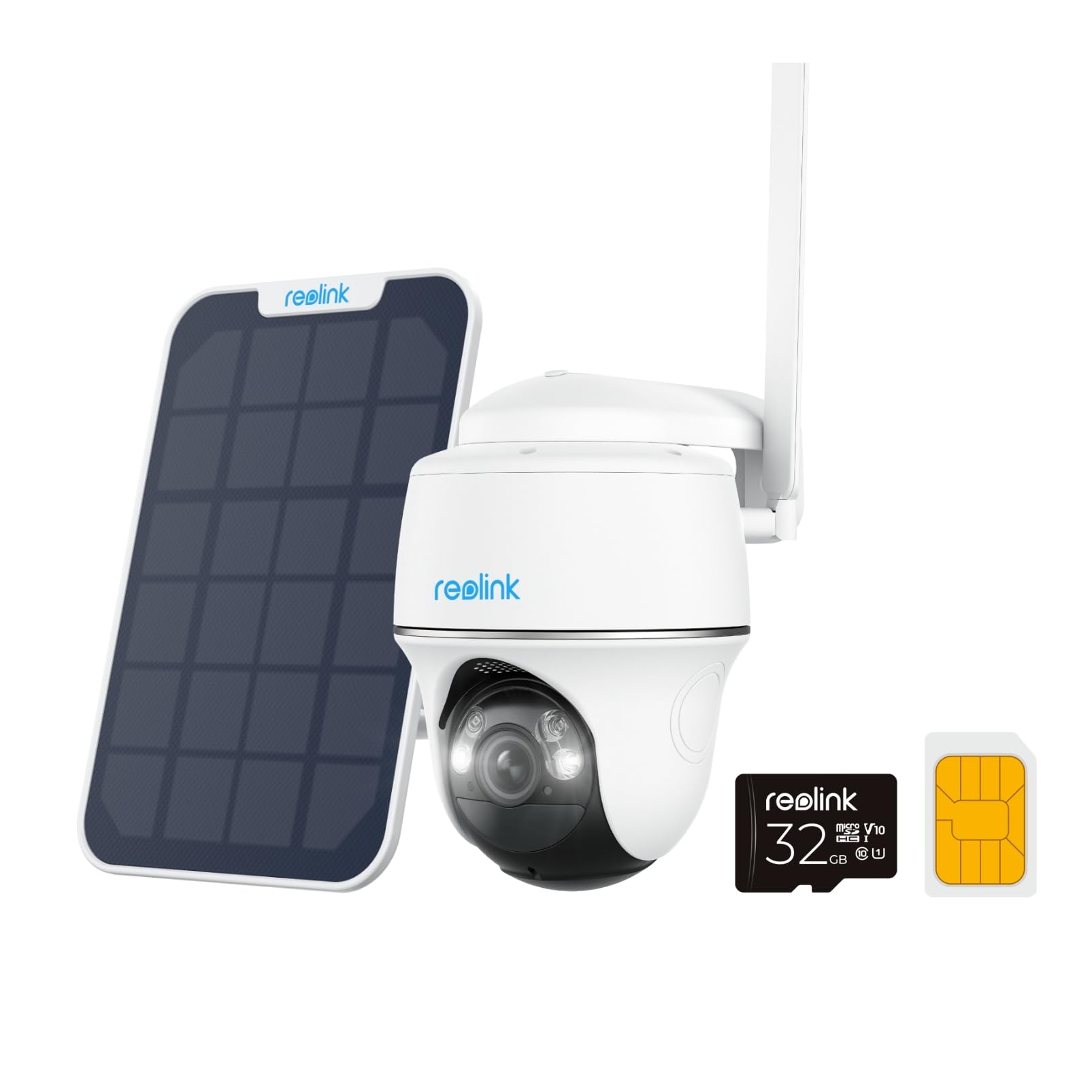 Reolink 3G/4G LTE beveiligingscamera met simkaart, 5MP 355°/140° PTZ zonnecamera voor buiten, kleuren nachtzicht, persoons-/huisdierdetectie, alarmfiltering, stand-alone, Go PT Plus + zonnepaneel + 32GB microSD 
