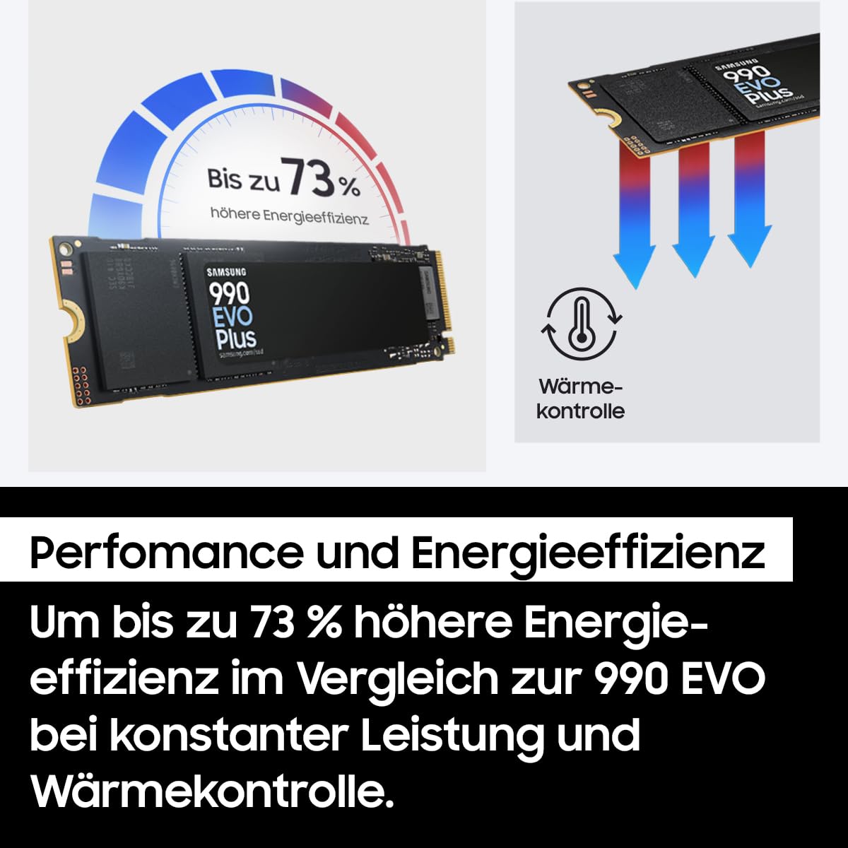 Samsung 990 EVO Plus NVMe M.2 SSD 1 TB, PCIe 4.0 x4 / PCIe 5.0 x2, NVMe 2.0 (2280), 7.150 MB/s lezen, 6.300 MB/s schrijven, interne SSD voor gamen en grafische bewerking, MZ-V9S1T0BW 
