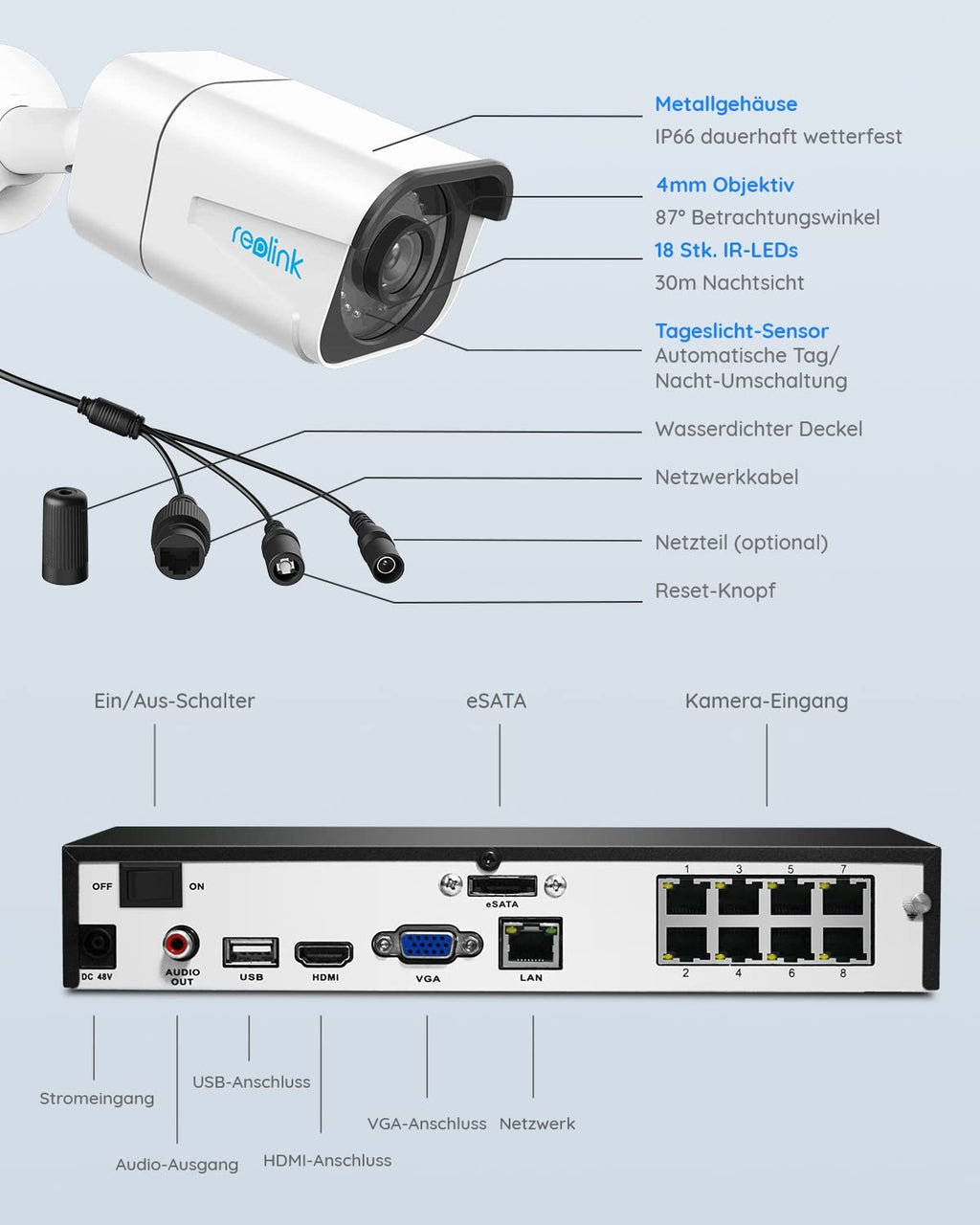 Reolink 4K Outdoor Beveiligingscamera Kit, 8CH Videobewaking met 4x 8MP PoE IP-camera's en 2TB HDD NVR voor 24/7 binnen-/buitenopname, persoons- en voertuigdetectie, IP66, RLK8-800B4 