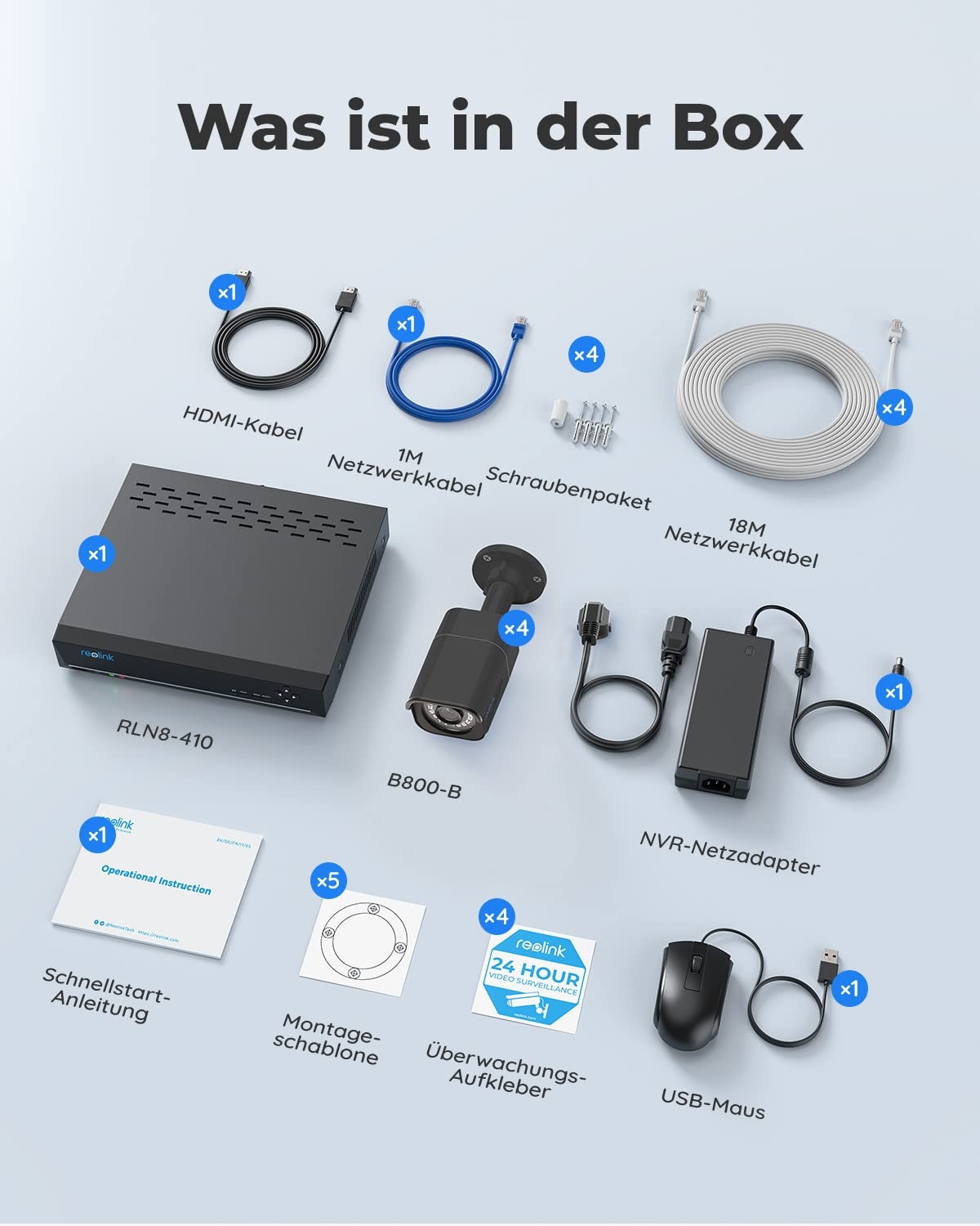 Reolink 4K Outdoor Beveiligingscamera Kit, 8CH Videobewaking met 4x 8MP PoE IP-camera's en 2TB HDD NVR voor 24/7 binnen-/buitenopname, persoons- en voertuigdetectie, IP66, RLK8-800B4 