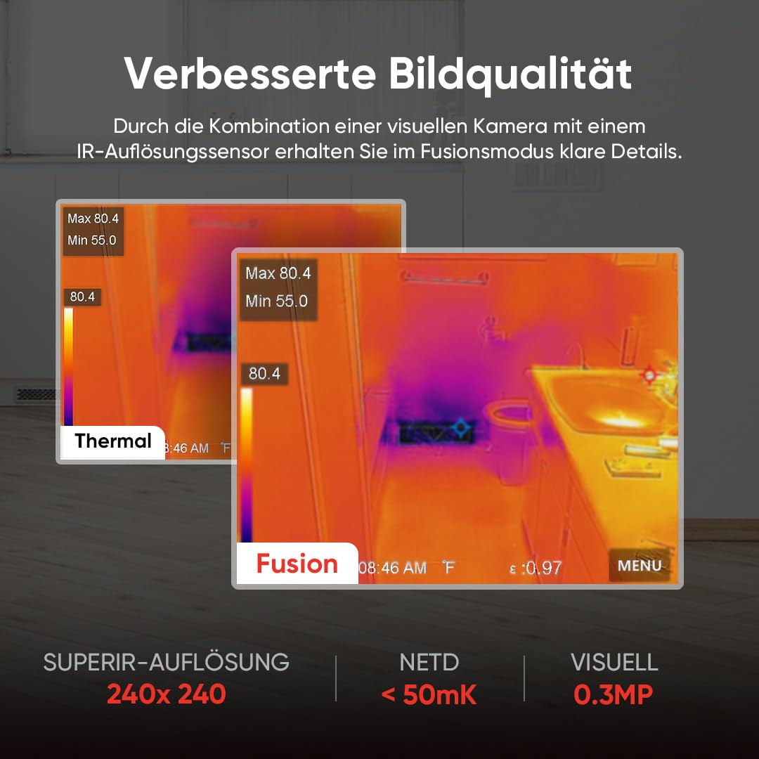 HIKMICRO E03 Compacte warmtebeeldcamera in zakformaat met 240 x 240 SuperIR-resolutie en visuele camera, 96 x 96 IR-resolutie/9.216 pixels, 25 Hz, 3,5" touchscreen warmtebeeldcamera, IP54, -20 °C tot 350 °C 
