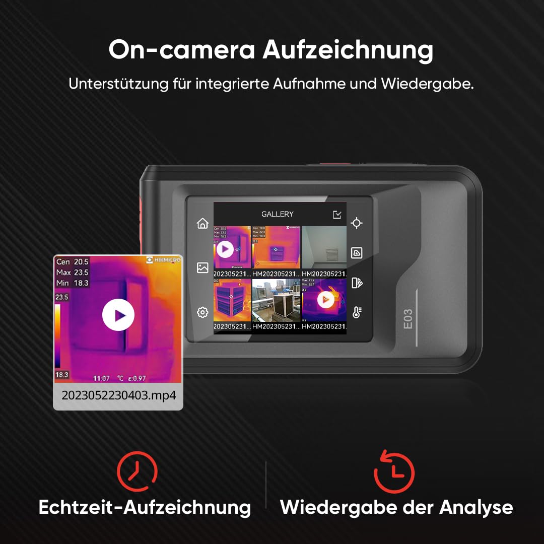 HIKMICRO E03 Compacte warmtebeeldcamera in zakformaat met 240 x 240 SuperIR-resolutie en visuele camera, 96 x 96 IR-resolutie/9.216 pixels, 25 Hz, 3,5" touchscreen warmtebeeldcamera, IP54, -20 °C tot 350 °C 