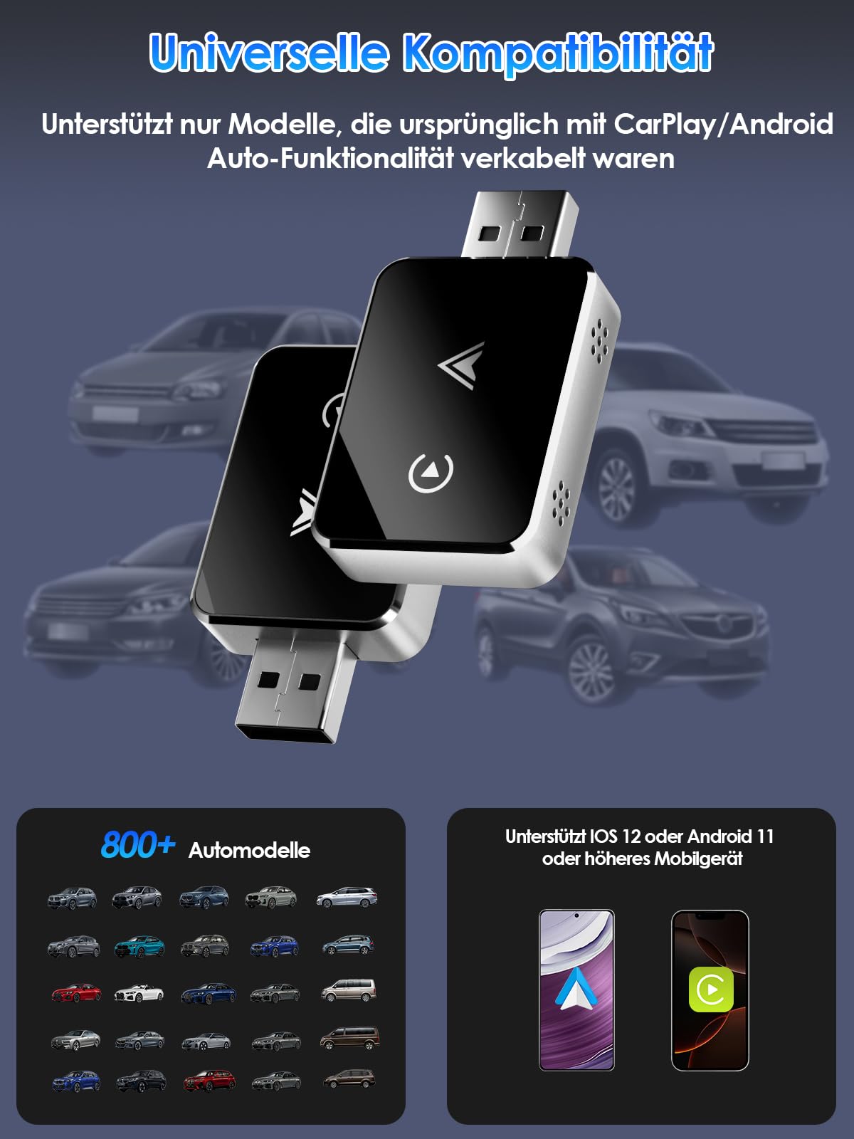 Draadloze adapter 2-in-1 voor CarPlay/Android Auto, PARPAT-conversie van bedraad naar draadloos met USB/Type-C, stabiele verbinding en geen vertraging, compatibel met iPhone/Android 