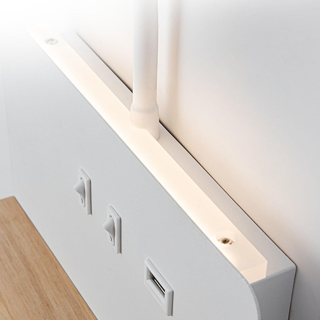 Witte LED-wandlamp voor binnen met stekker, wandlamp voor de slaapkamer met USB-poorten en 10W draadloze oplader, verstelbare en flexibele leeslamp met zwanenhals, bedlamp van 3000K met achtergrondverlichting 