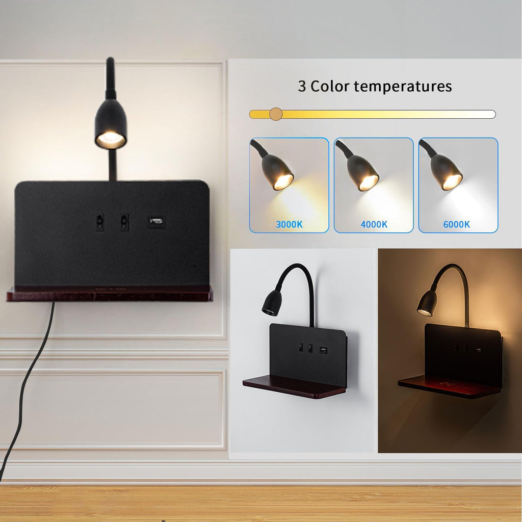 Witte LED-wandlamp voor binnen met stekker, wandlamp voor de slaapkamer met USB-poorten en 10W draadloze oplader, verstelbare en flexibele leeslamp met zwanenhals, bedlamp van 3000K met achtergrondverlichting 