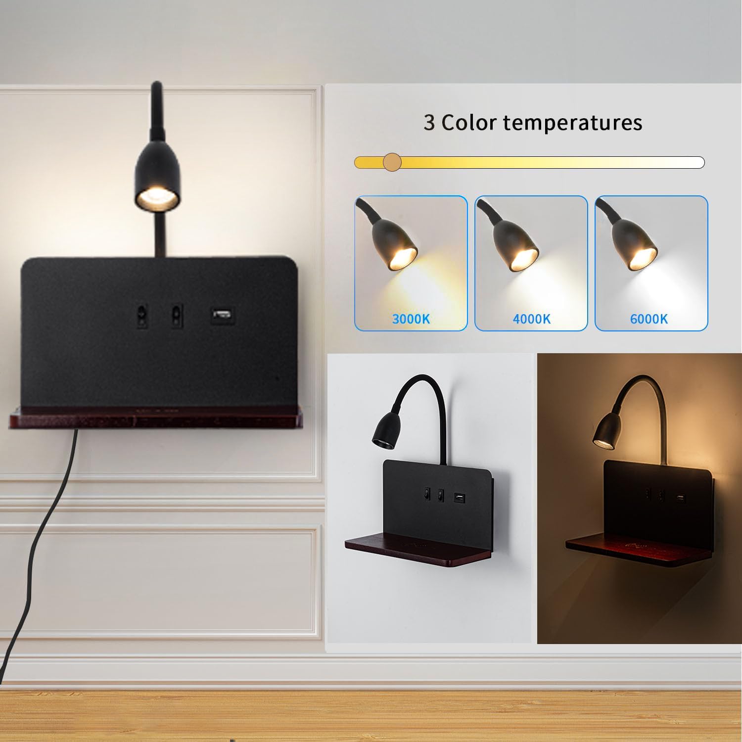 Witte LED-wandlamp voor binnen met stekker, wandlamp voor de slaapkamer met USB-poorten en 10W draadloze oplader, verstelbare en flexibele leeslamp met zwanenhals, bedlamp van 3000K met achtergrondverlichting 