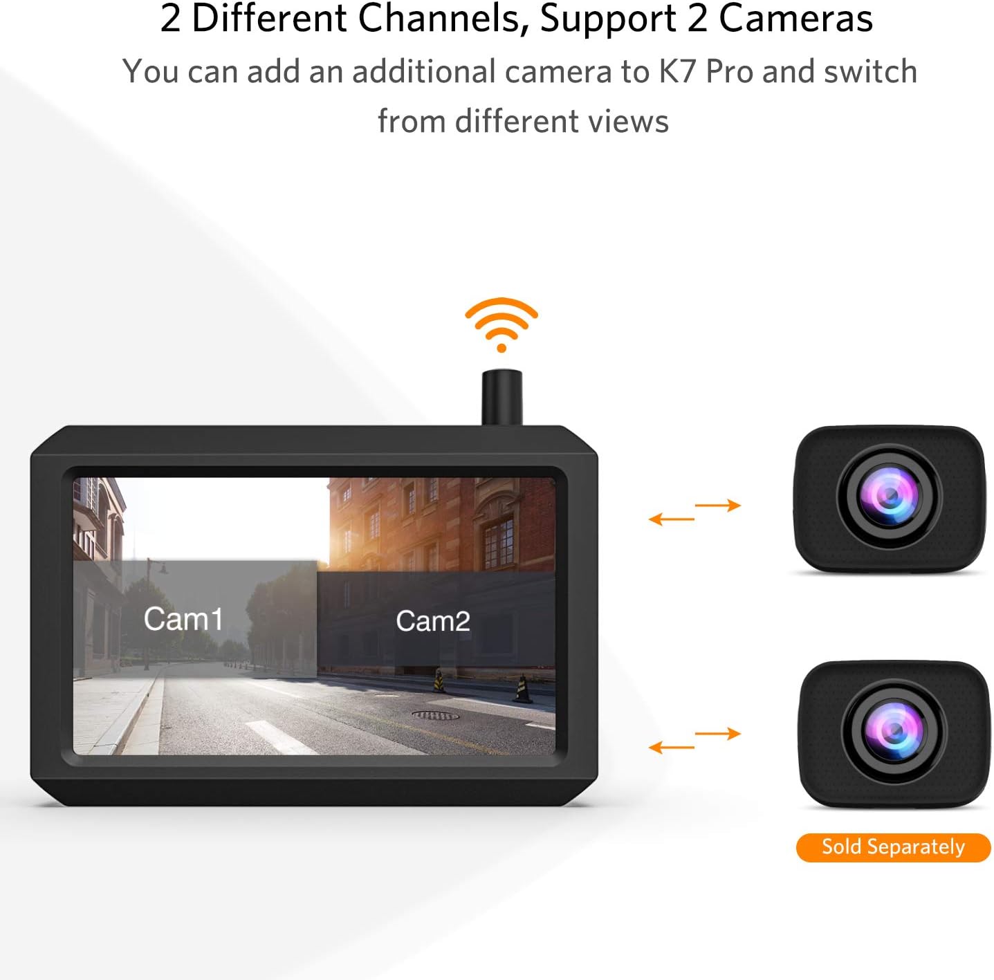 Digitale draadloze achteruitrijcameraset K7PRO ondersteunt 2 camera's, draadloze achteruitrijcamera's met stabiel signaal, 5" HD-monitor, draadloze achteruitrijcamera met IP68 waterdichte camera, nachtzicht 