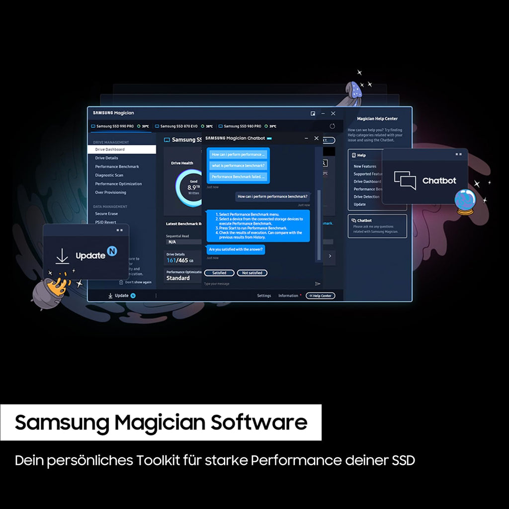 Samsung 990 PRO NVMe M.2 SSD, 2 TB, PCIe 4.0, 7.450 MB/s lezen, 6.900 MB/s schrijven, interne SSD, interne SSD voor gaming en videobewerking, zwart, MZ-V9P2T0BW 