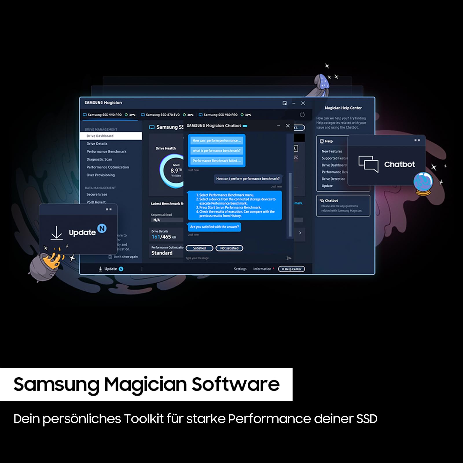 Samsung 990 PRO NVMe M.2 SSD, 2 TB, PCIe 4.0, 7.450 MB/s lezen, 6.900 MB/s schrijven, interne SSD, interne SSD voor gaming en videobewerking, zwart, MZ-V9P2T0BW 