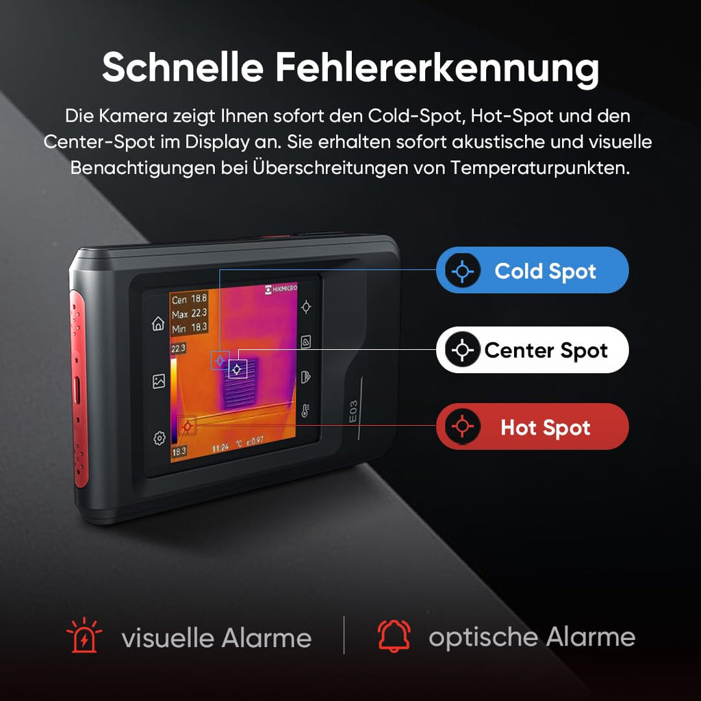 HIKMICRO E03 Compacte warmtebeeldcamera in zakformaat met 240 x 240 SuperIR-resolutie en visuele camera, 96 x 96 IR-resolutie/9.216 pixels, 25 Hz, 3,5" touchscreen warmtebeeldcamera, IP54, -20 °C tot 350 °C 