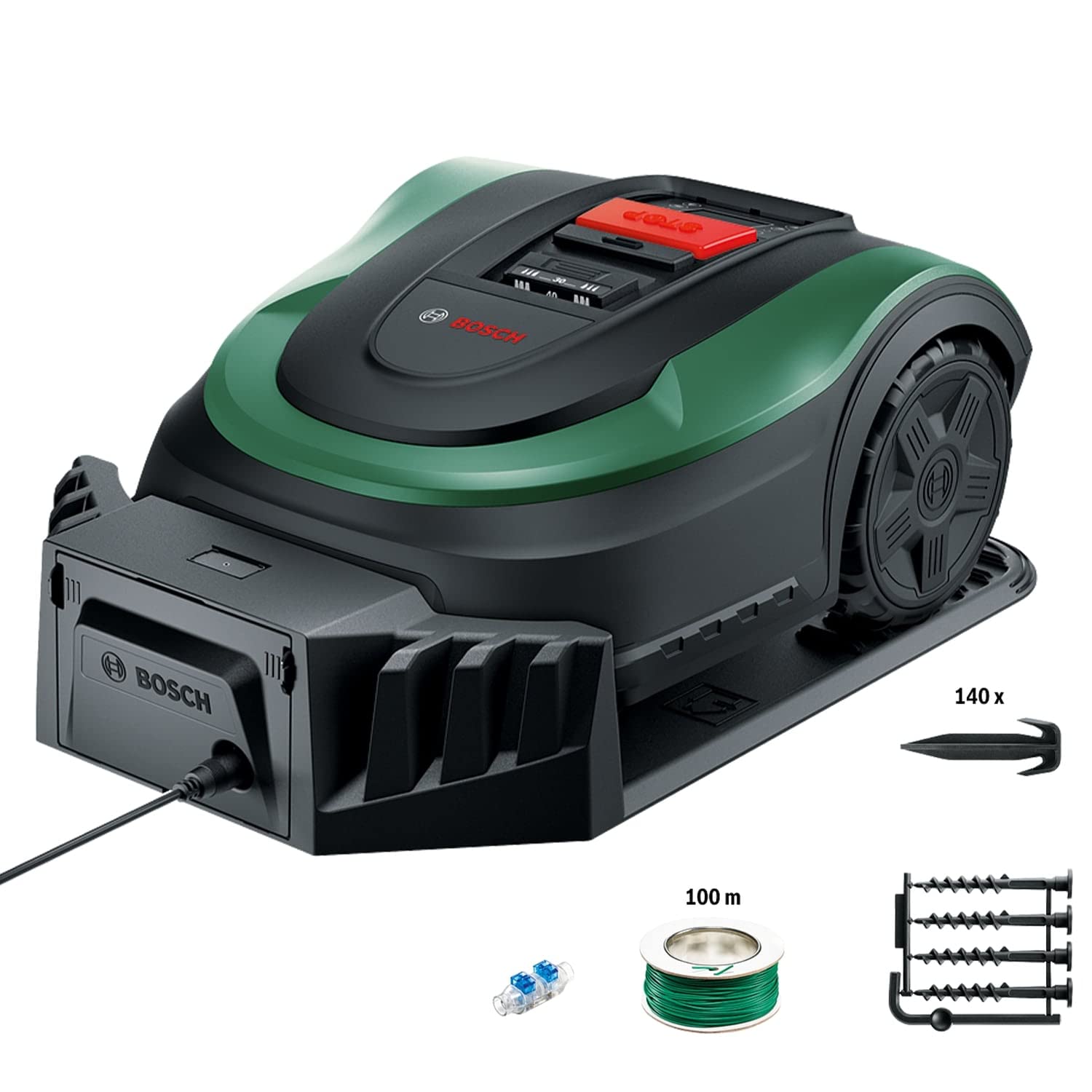 Bosch Home and Garden Indego XS 300 Robotmaaier (met geïntegreerde 18 V-accu, inclusief laadstation, snijbreedte 19 cm, voor gazons tot 300 m², in doos) Zwart, Groen 