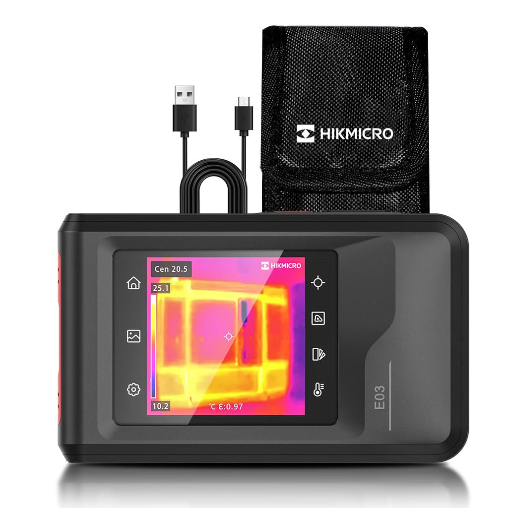 HIKMICRO E03 Compacte warmtebeeldcamera in zakformaat met 240 x 240 SuperIR-resolutie en visuele camera, 96 x 96 IR-resolutie/9.216 pixels, 25 Hz, 3,5" touchscreen warmtebeeldcamera, IP54, -20 °C tot 350 °C 