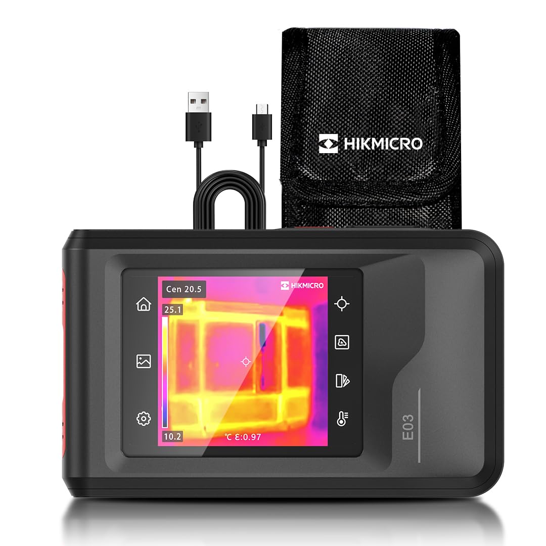 HIKMICRO E03 Compacte warmtebeeldcamera in zakformaat met 240 x 240 SuperIR-resolutie en visuele camera, 96 x 96 IR-resolutie/9.216 pixels, 25 Hz, 3,5" touchscreen warmtebeeldcamera, IP54, -20 °C tot 350 °C 