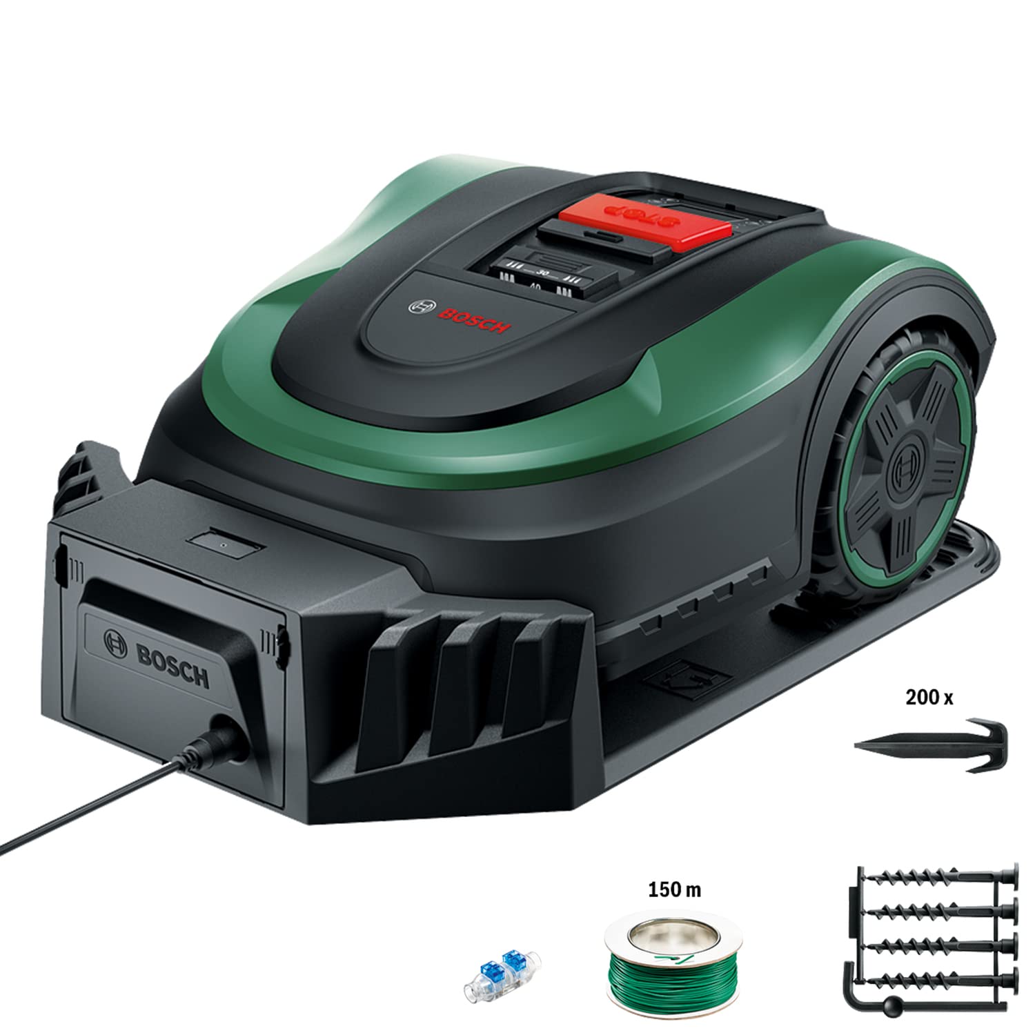 Bosch Home and Garden Indego XS 300 Robotmaaier (met geïntegreerde 18 V-accu, inclusief laadstation, snijbreedte 19 cm, voor gazons tot 300 m², in doos) Zwart, Groen 