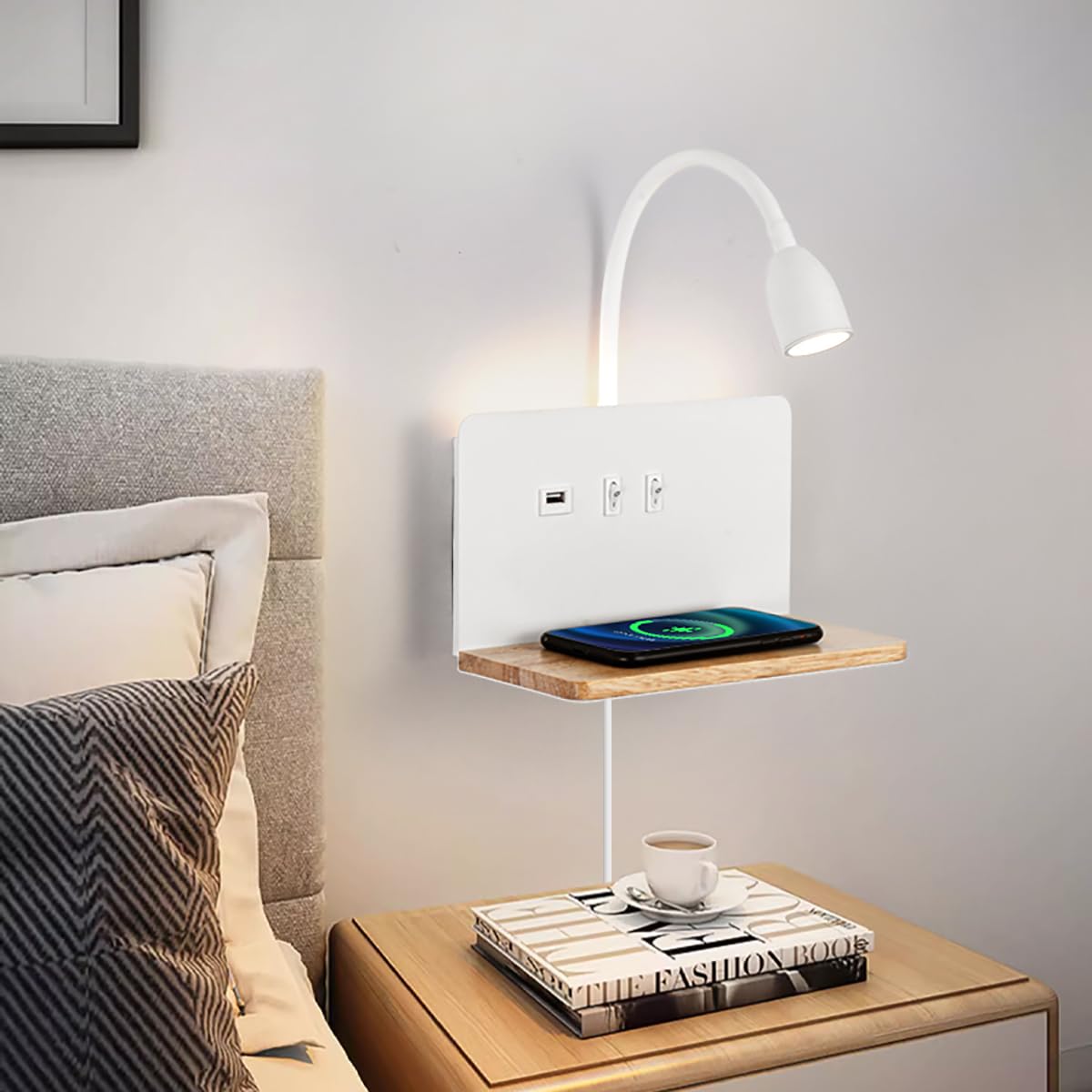 Witte LED-wandlamp voor binnen met stekker, wandlamp voor de slaapkamer met USB-poorten en 10W draadloze oplader, verstelbare en flexibele leeslamp met zwanenhals, bedlamp van 3000K met achtergrondverlichting 