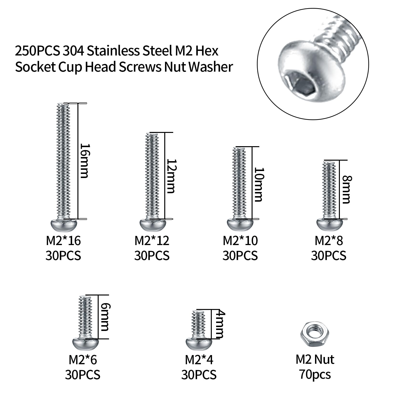 410 stuks M2 verzonken kop zeskantschroeven, 10.9 koolstofstaal volledige draad machineschroeven, moeren en ringen assortiment met inbussleutels 