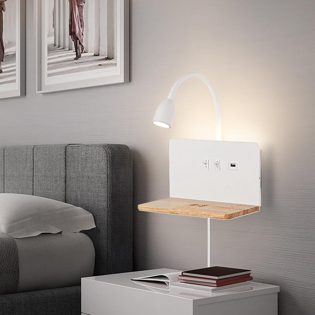 Witte LED-wandlamp voor binnen met stekker, wandlamp voor de slaapkamer met USB-poorten en 10W draadloze oplader, verstelbare en flexibele leeslamp met zwanenhals, bedlamp van 3000K met achtergrondverlichting 