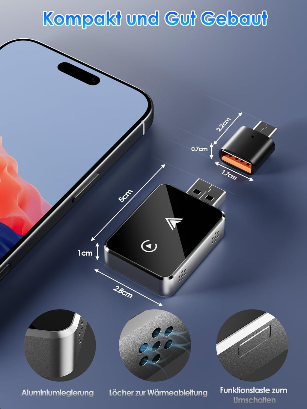 Draadloze adapter 2-in-1 voor CarPlay/Android Auto, PARPAT-conversie van bedraad naar draadloos met USB/Type-C, stabiele verbinding en geen vertraging, compatibel met iPhone/Android 