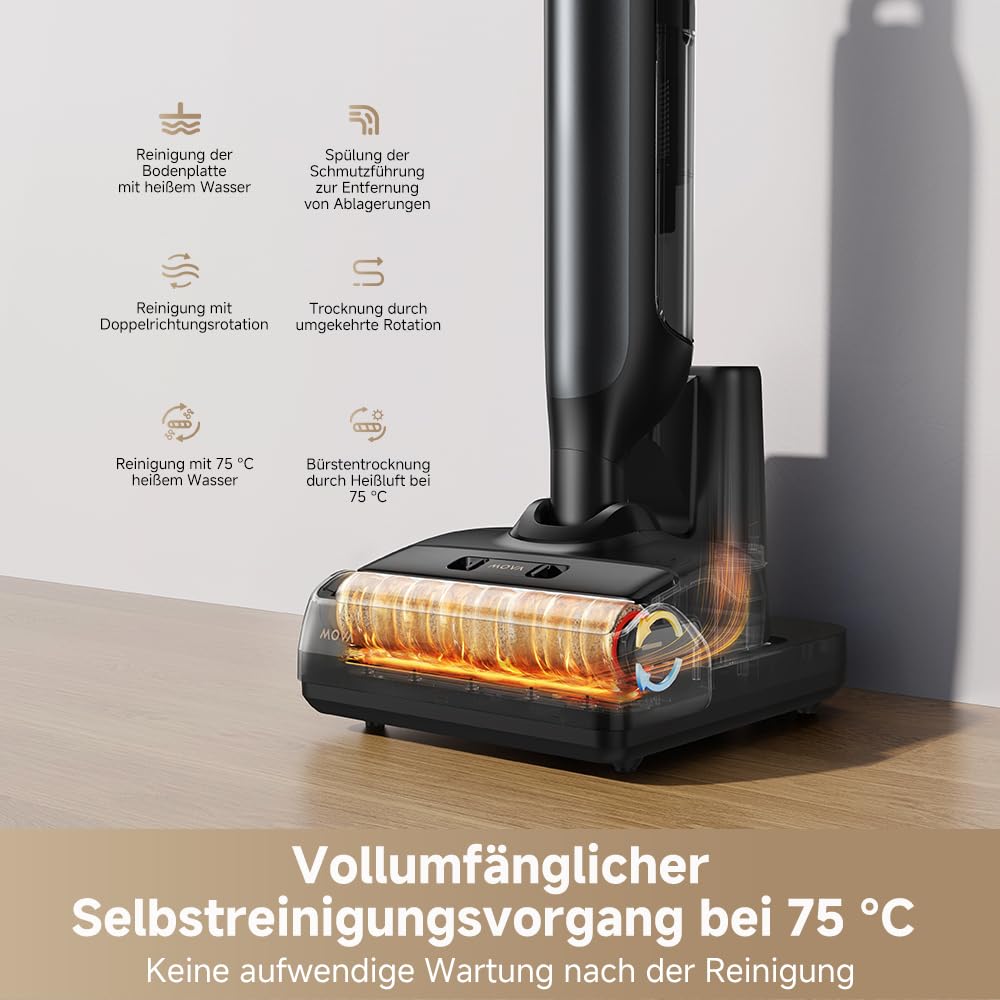 Mova X4 Pro Nass-Trocken-Sauger 20.000 Pa, Heißwasser-Wischfunktion, Tangle-Free, Selbstreinigung bei 100 °C, Push-In-Basisstation, LED-Bürstenkopf, Doppelkante, intelligente Saugkraftregelung