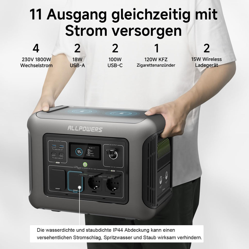 ALLPOWERS R1500 Draagbaar Energiestation met 200W Zonnepaneel, 1152Wh LiFePO4 Accu met 1800W AC Output Zonnegenerator, 43dB Stille Werking Mobiele Noodstroomvoorziening voor Tuin Reizen Kamperen Camper 