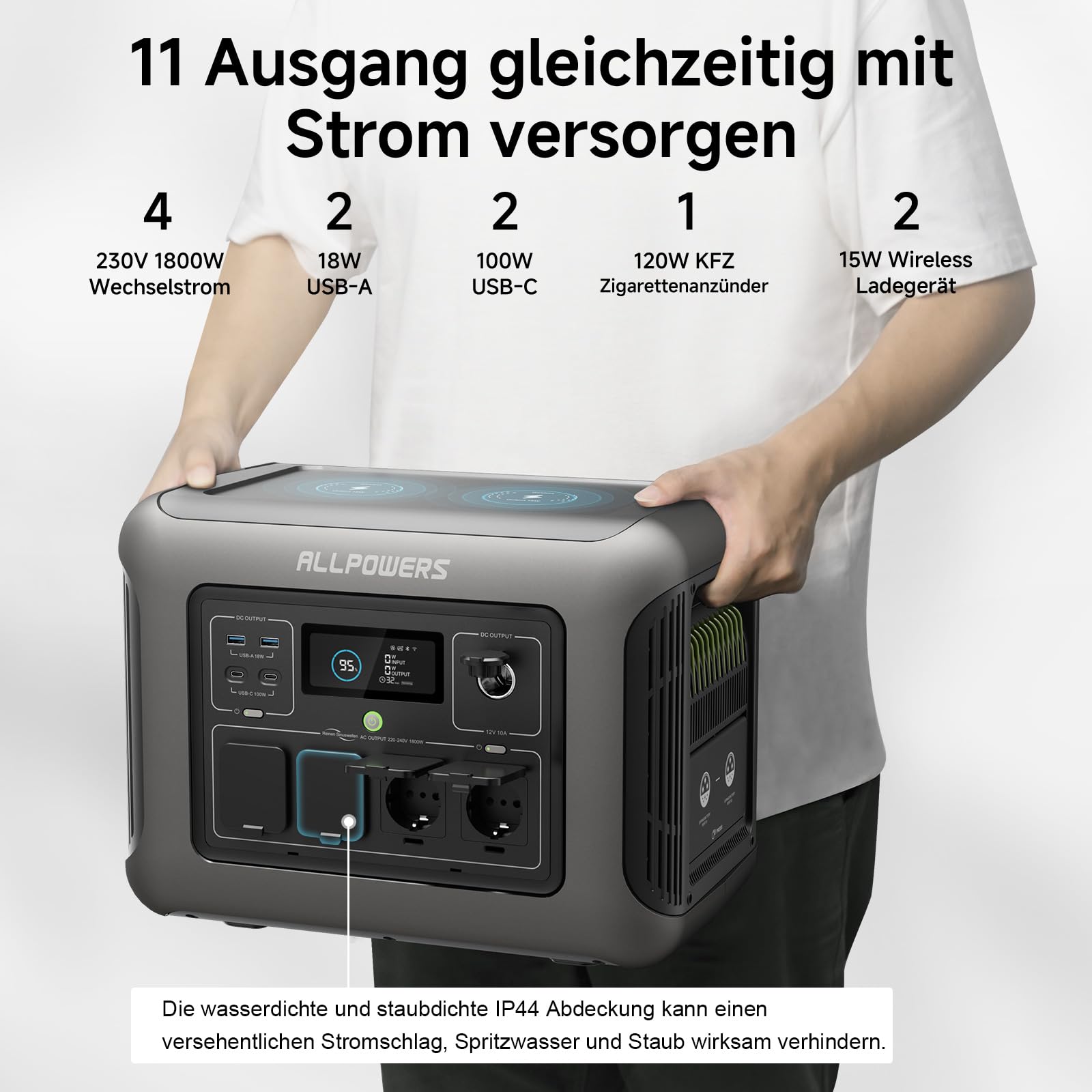 ALLPOWERS R1500 Draagbaar Energiestation met 200W Zonnepaneel, 1152Wh LiFePO4 Accu met 1800W AC Output Zonnegenerator, 43dB Stille Werking Mobiele Noodstroomvoorziening voor Tuin Reizen Kamperen Camper 