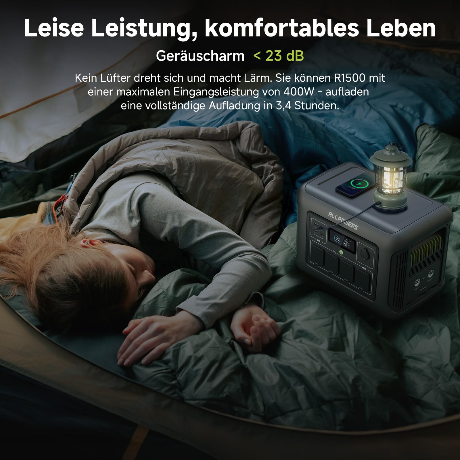 ALLPOWERS R1500 Draagbaar Energiestation met 200W Zonnepaneel, 1152Wh LiFePO4 Accu met 1800W AC Output Zonnegenerator, 43dB Stille Werking Mobiele Noodstroomvoorziening voor Tuin Reizen Kamperen Camper 