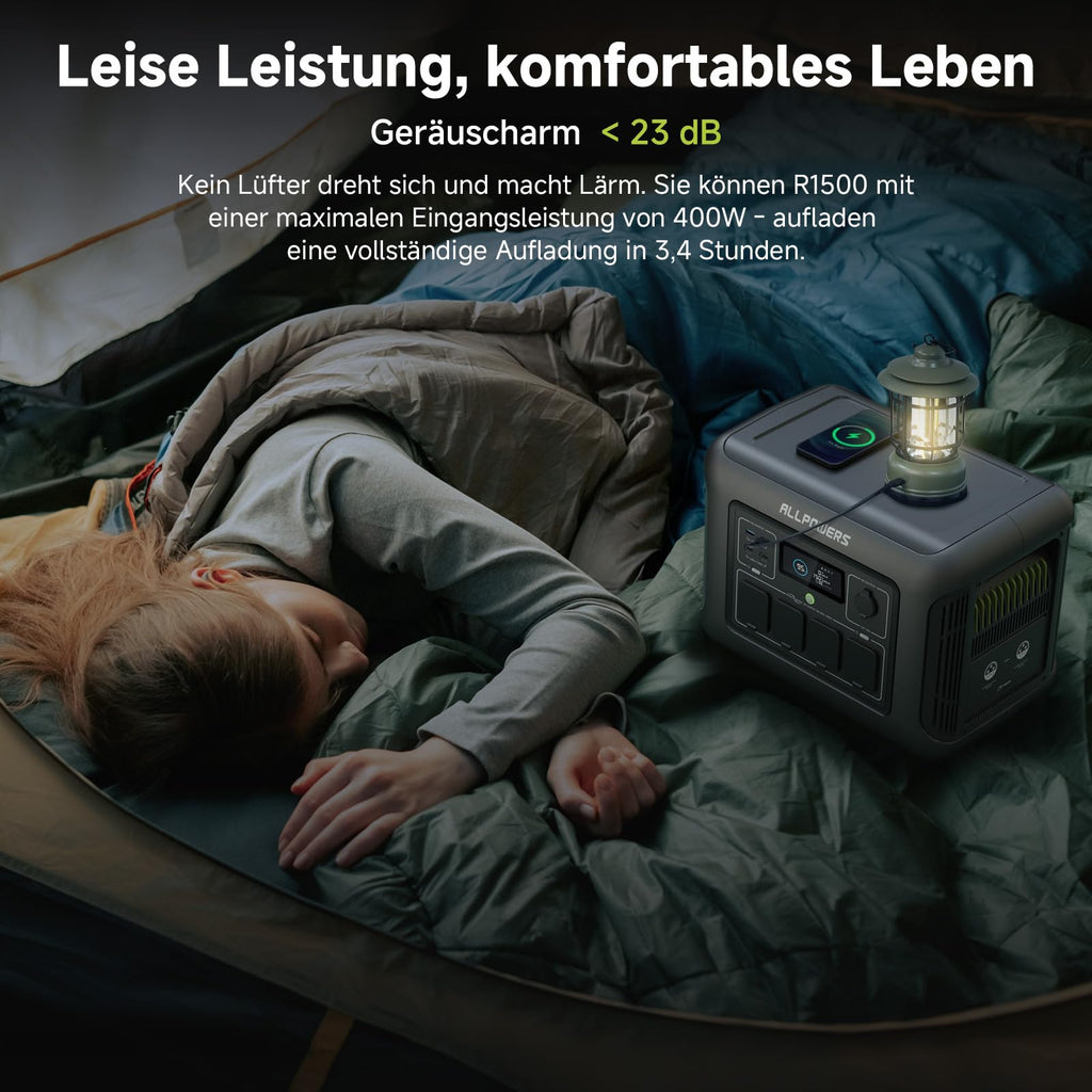 ALLPOWERS R1500 Draagbaar Energiestation met 200W Zonnepaneel, 1152Wh LiFePO4 Accu met 1800W AC Output Zonnegenerator, 43dB Stille Werking Mobiele Noodstroomvoorziening voor Tuin Reizen Kamperen Camper 