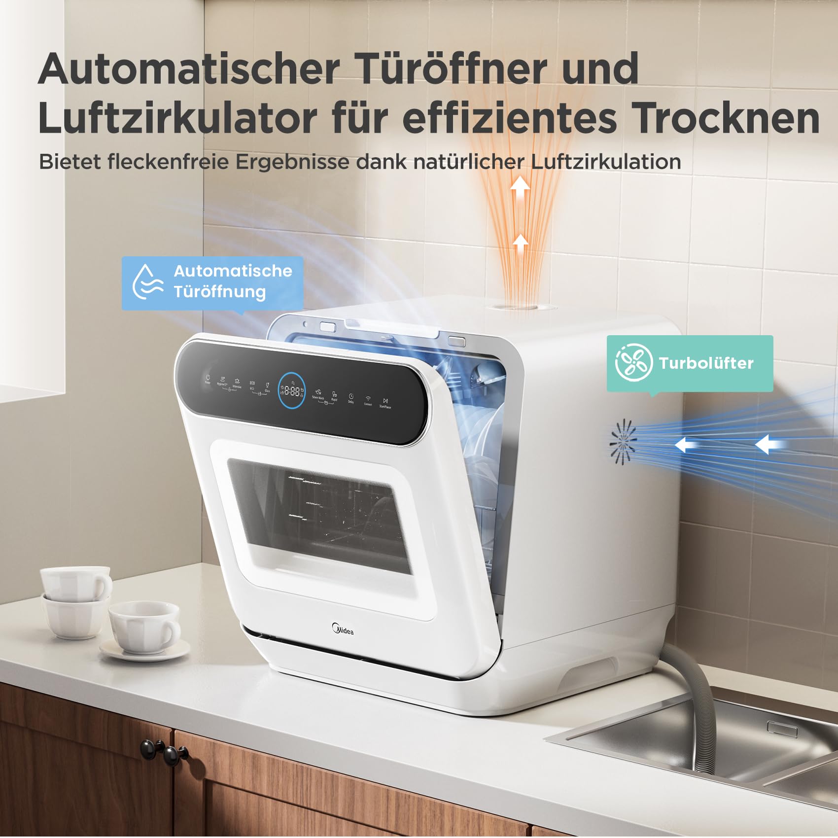 Midea ST 3.6F wi aanrechtvaatwasser, 6 wasprogramma's, startuitstel, extra droogfunctie, IoT-bediening, minivaatwasser, ideaal voor kleine appartementen, wit 