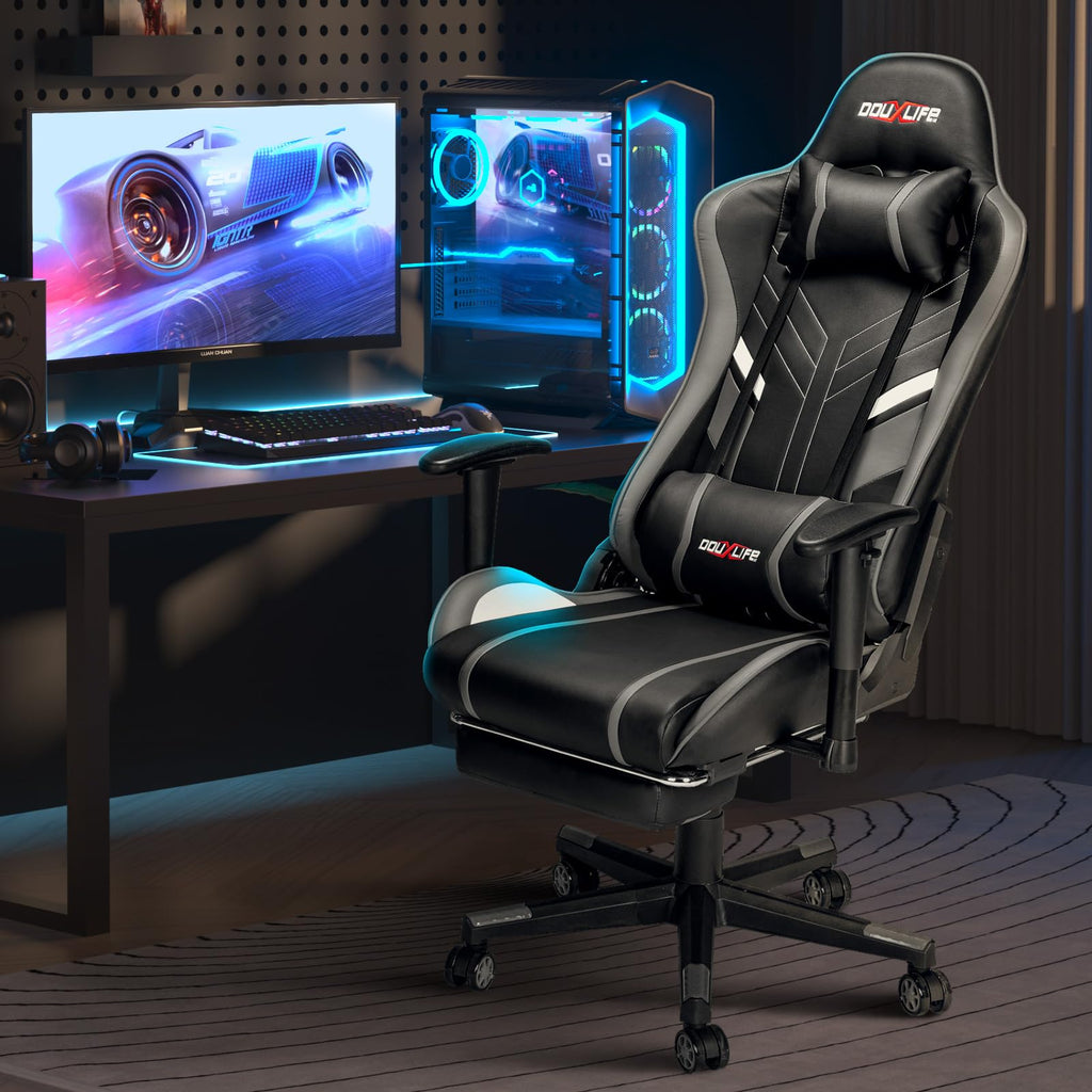 Douxlife Gaming Chair, met 7-punts massage, voetensteun, ergonomische bureaustoel (180 kg), rugleuning verstelbaar van 90-175°, verstelbare armleuningen, bureaustoel voor volwassenen, zwart-wit 