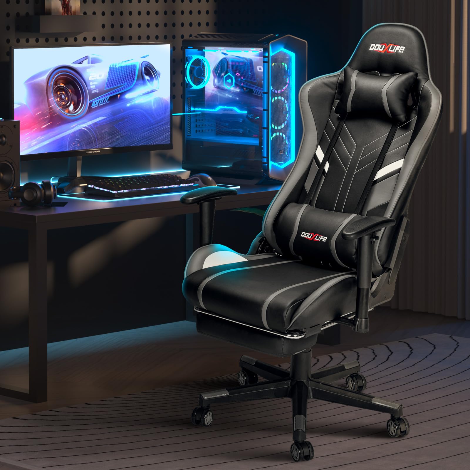 Douxlife Gaming Chair, met 7-punts massage, voetensteun, ergonomische bureaustoel (180 kg), rugleuning verstelbaar van 90-175°, verstelbare armleuningen, bureaustoel voor volwassenen, zwart-wit 