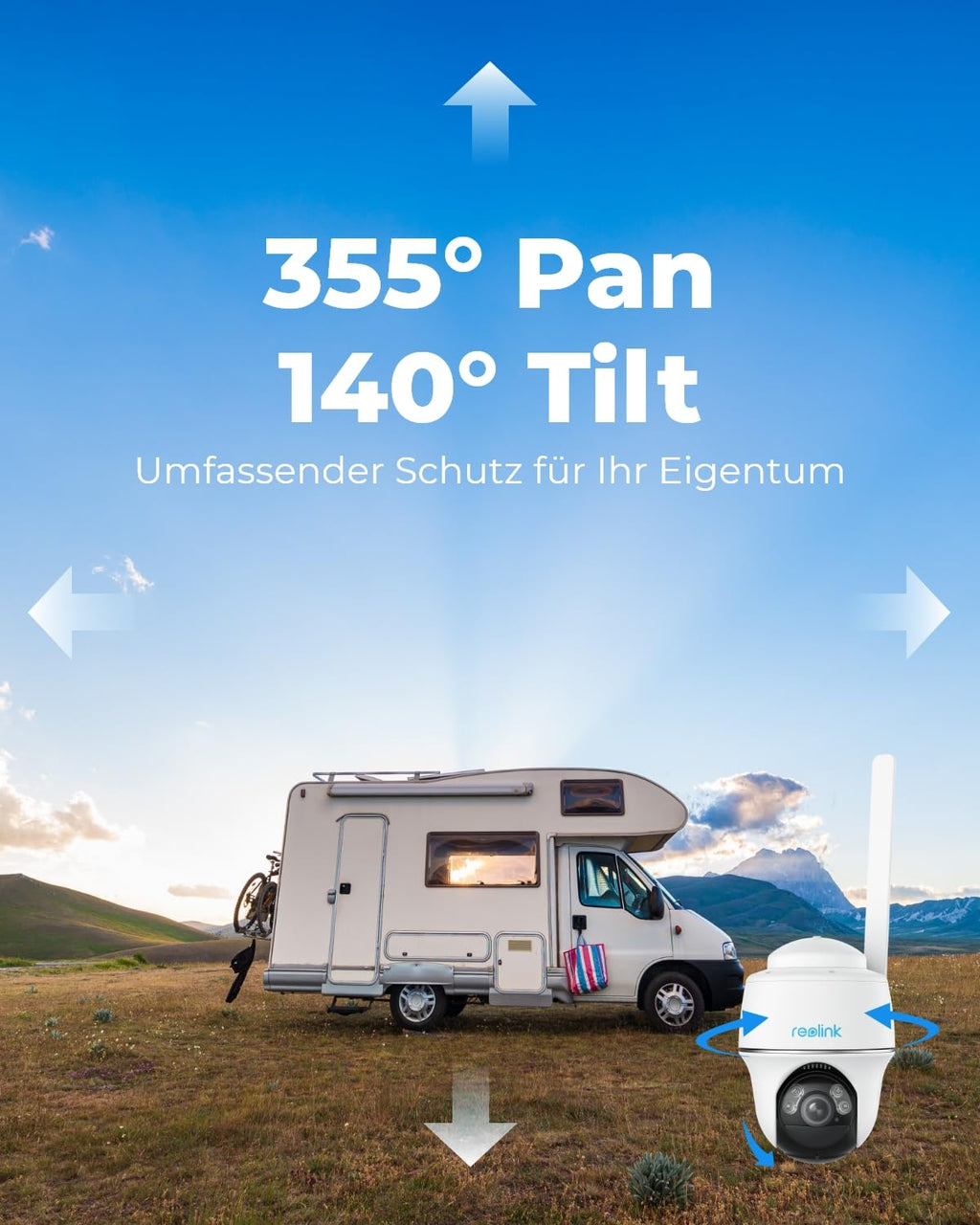 Reolink 3G/4G LTE beveiligingscamera met simkaart, 5MP 355°/140° PTZ zonnecamera voor buiten, kleuren nachtzicht, persoons-/huisdierdetectie, alarmfiltering, stand-alone, Go PT Plus + zonnepaneel + 32GB microSD 
